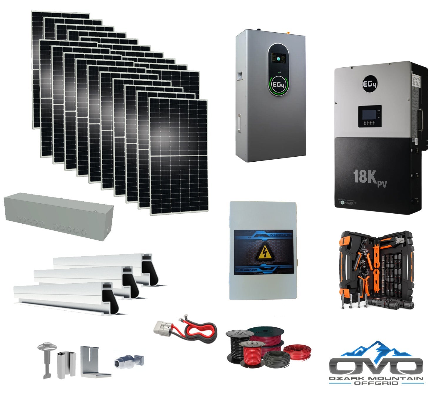 10KW Complete Offgrid Solar Kit + EG4 18kPV + 4.3KW 48V EG4 Lithium Indoor Wall Battery + 11KW Solar with Roof Mounting Rails and Wiring