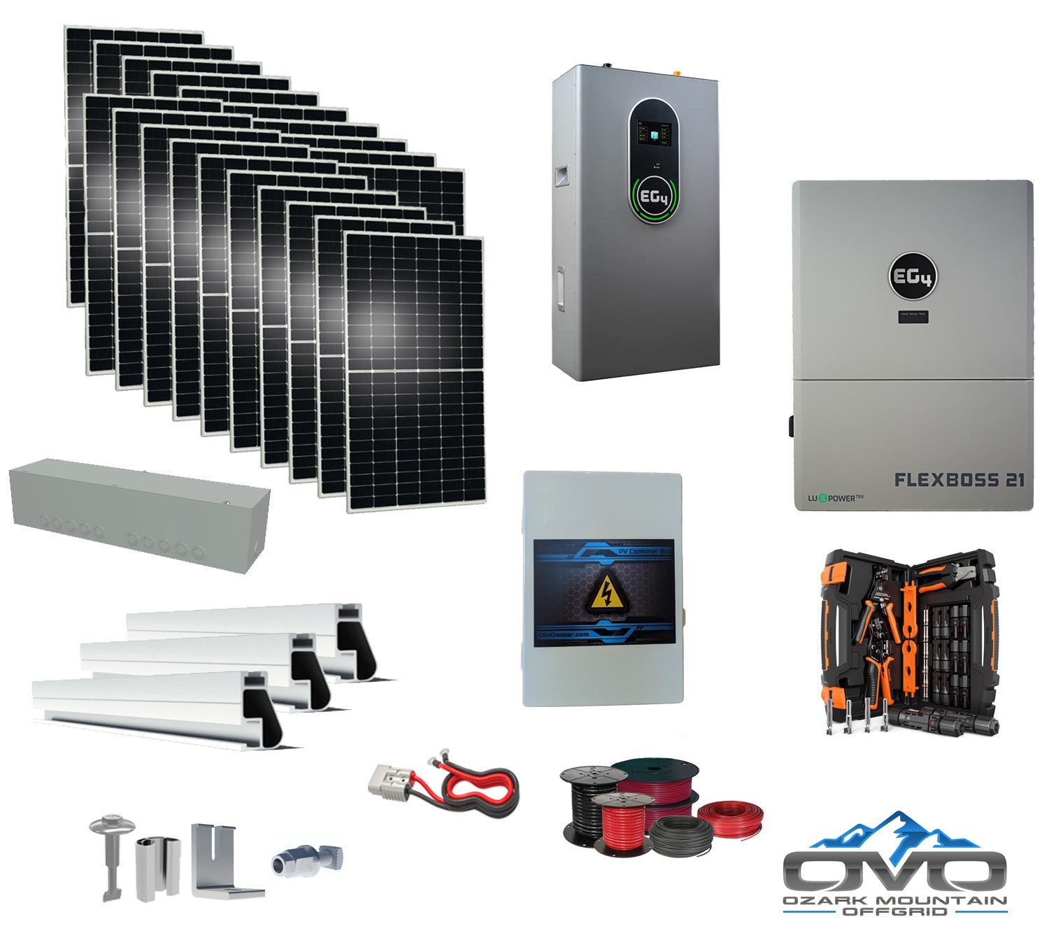 10KW Complete Offgrid Solar Kit + EG4 FlexBOSS21 + 14.3KW 48V EG4 Lithium Indoor Wall Battery + 11KW Solar with Roof Mounting Rails and Wiring