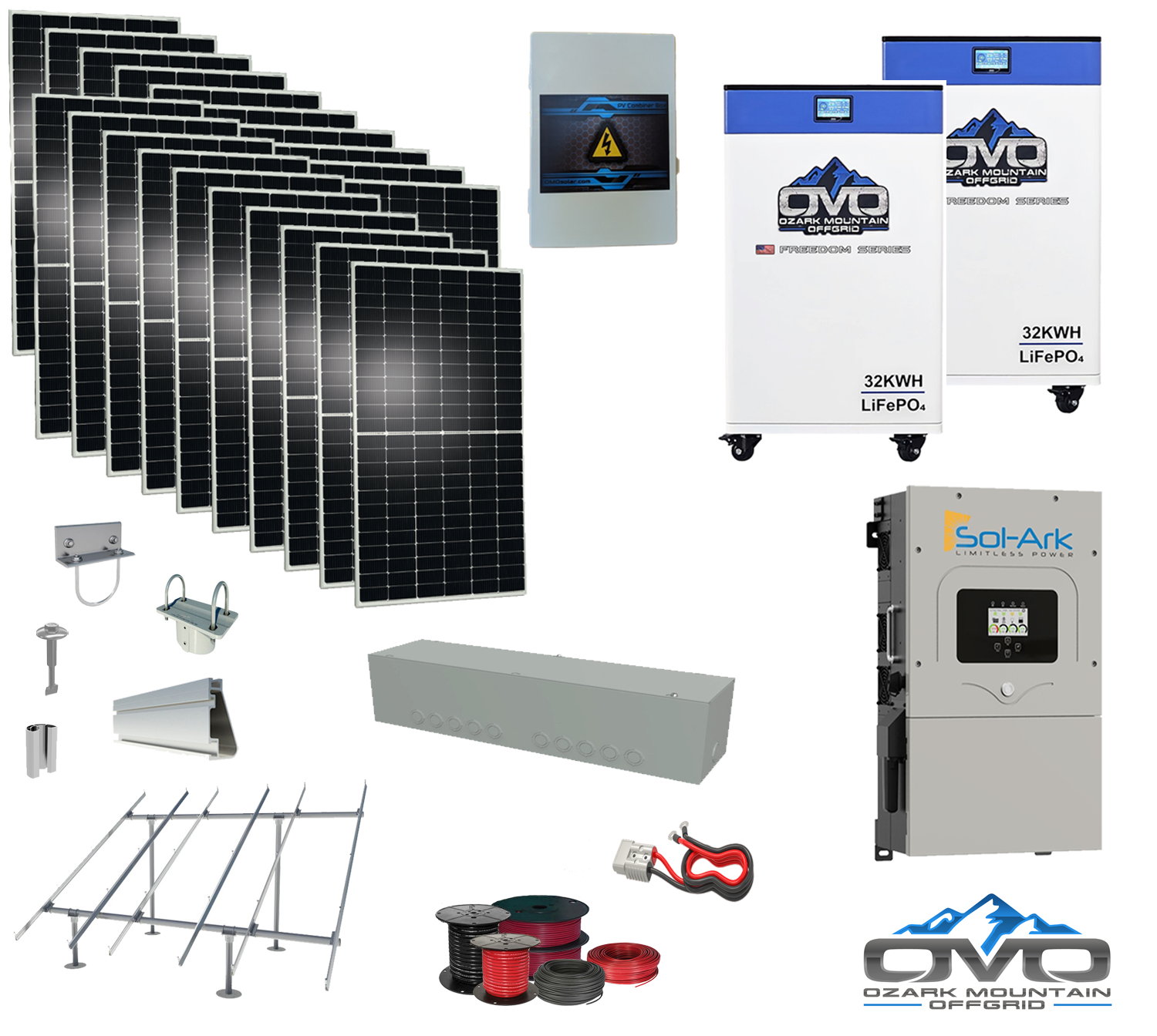 10KW Complete Offgrid Solar Kit + 15K Sol-Ark Inverter + 2x 32kWh OMO 48V Freedom Series Lithium Battery + 11KW Solar with Ground Mount and Wiring