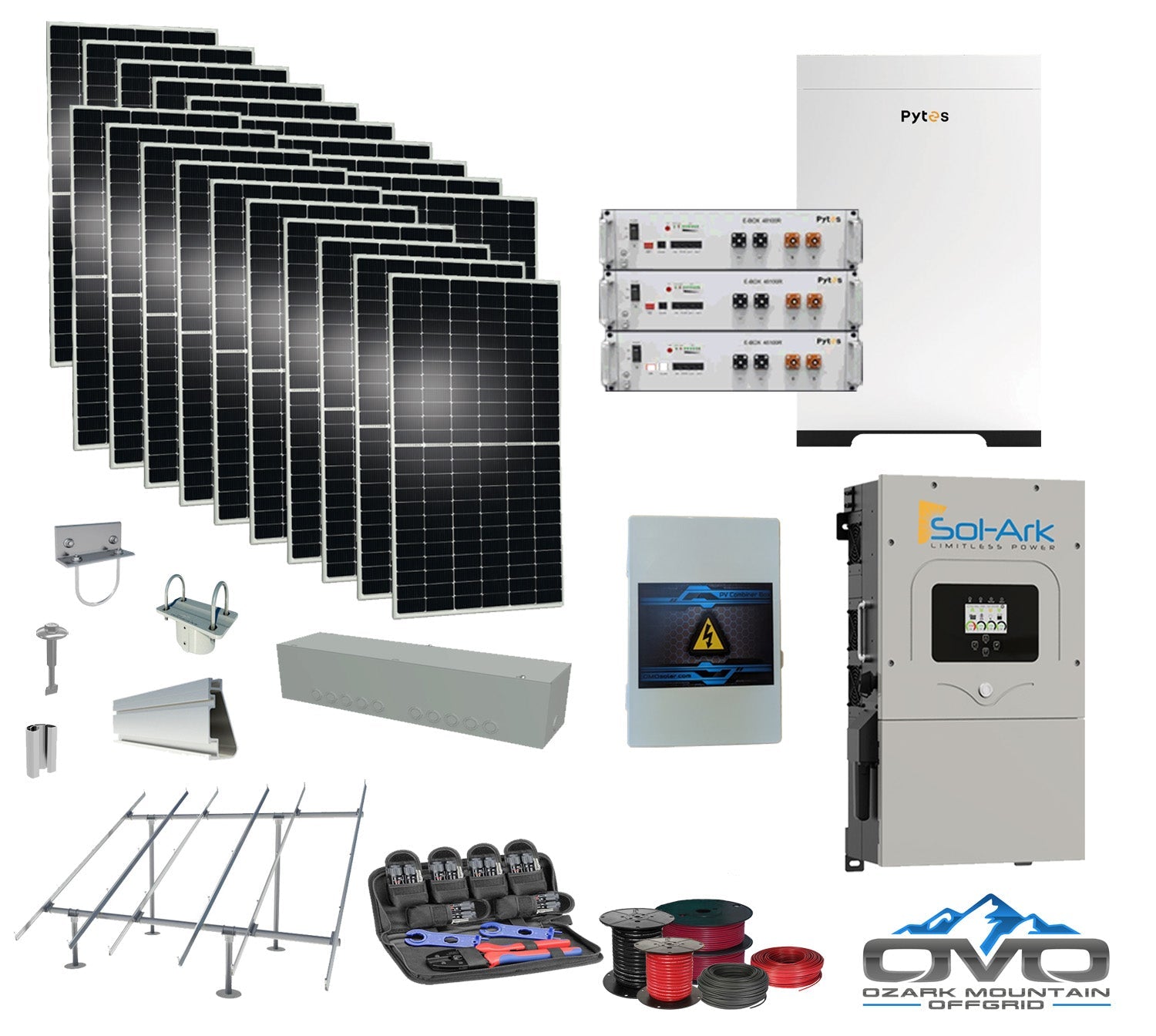 10KW Complete Offgrid Solar Kit + 15.36kWh Pytes Lithium Battery + 15K Sol-Ark Inverter + 11KW Solar with Ground Mount Rails and Wiring