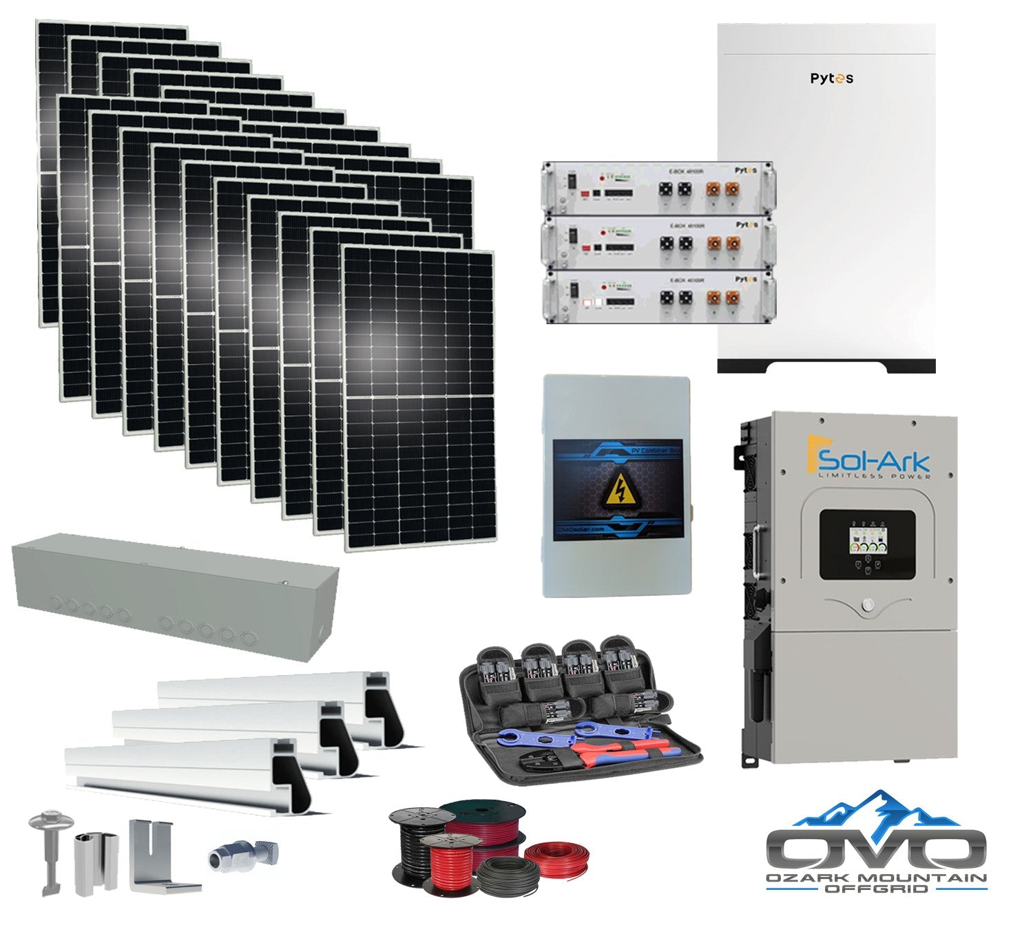 10KW Complete Offgrid Solar Kit + 15.36kWh Pytes Lithium Battery + 15K Sol-Ark Inverter +11KW Solar with Roof Mount Rails and Wiring