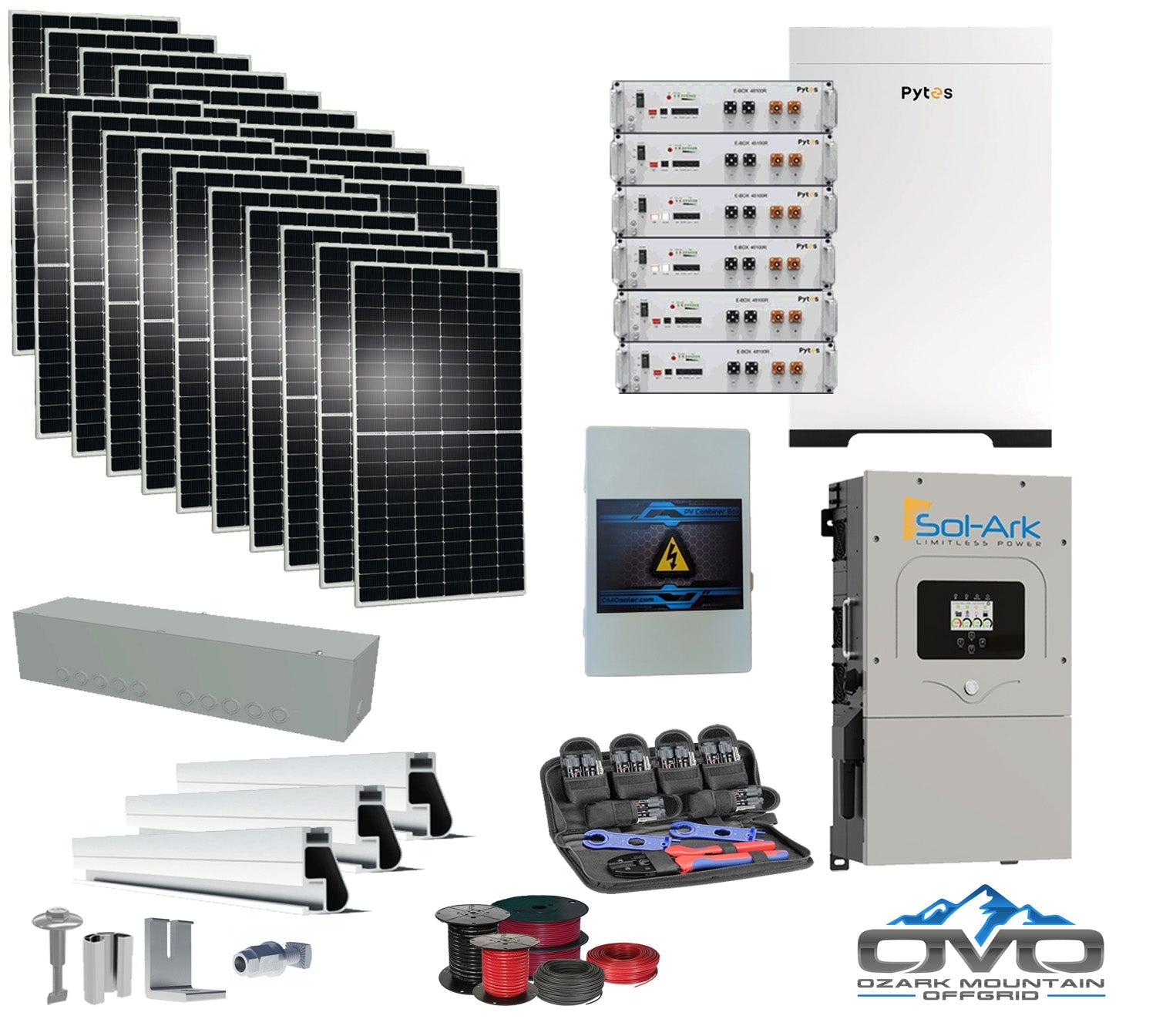 10KW Complete Offgrid Solar Kit + 30.72kWh Pytes Lithium Battery + 15K Sol-Ark Inverter +11KW Solar with Roof Mount Rails and Wiring