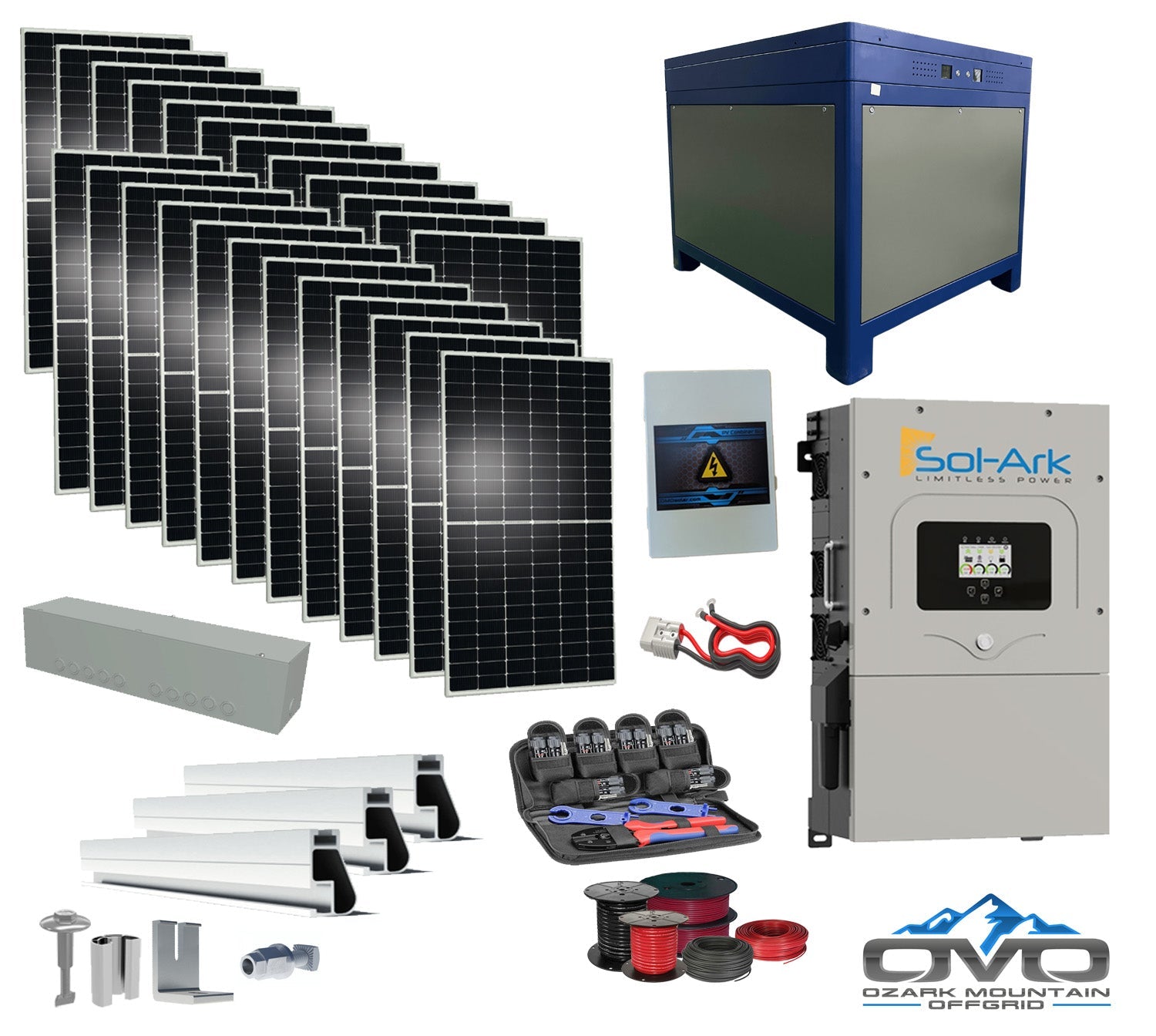 12KW Complete Offgrid Solar Kit - 62kWh Lithium Battery + 15K Sol-Ark Inverter +13.2KW Solar with Roof Mounting Rails and Wiring
