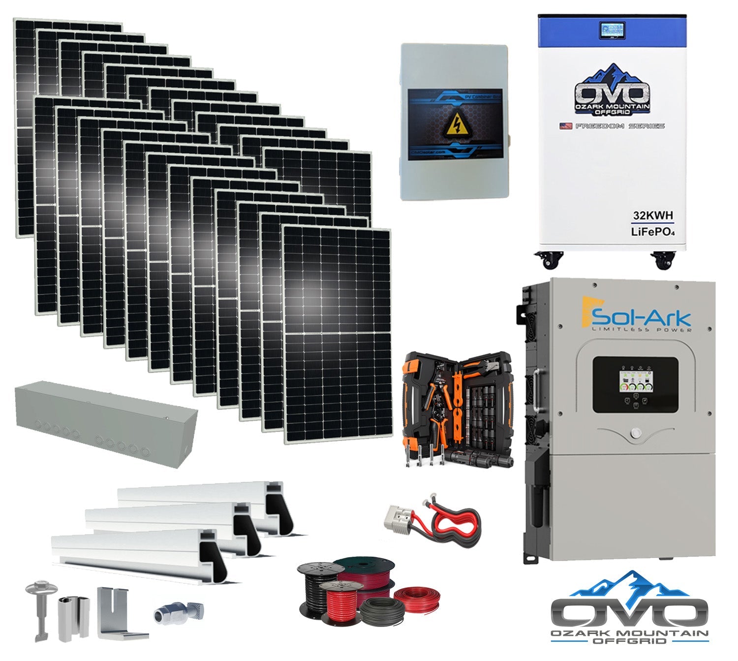 12KW Complete Offgrid Solar Kit - 32kWh OMO 48V Freedom Series Lithium Battery + 15K Sol-Ark Inverter +13.2KW Solar with Mounting Rails and Wiring