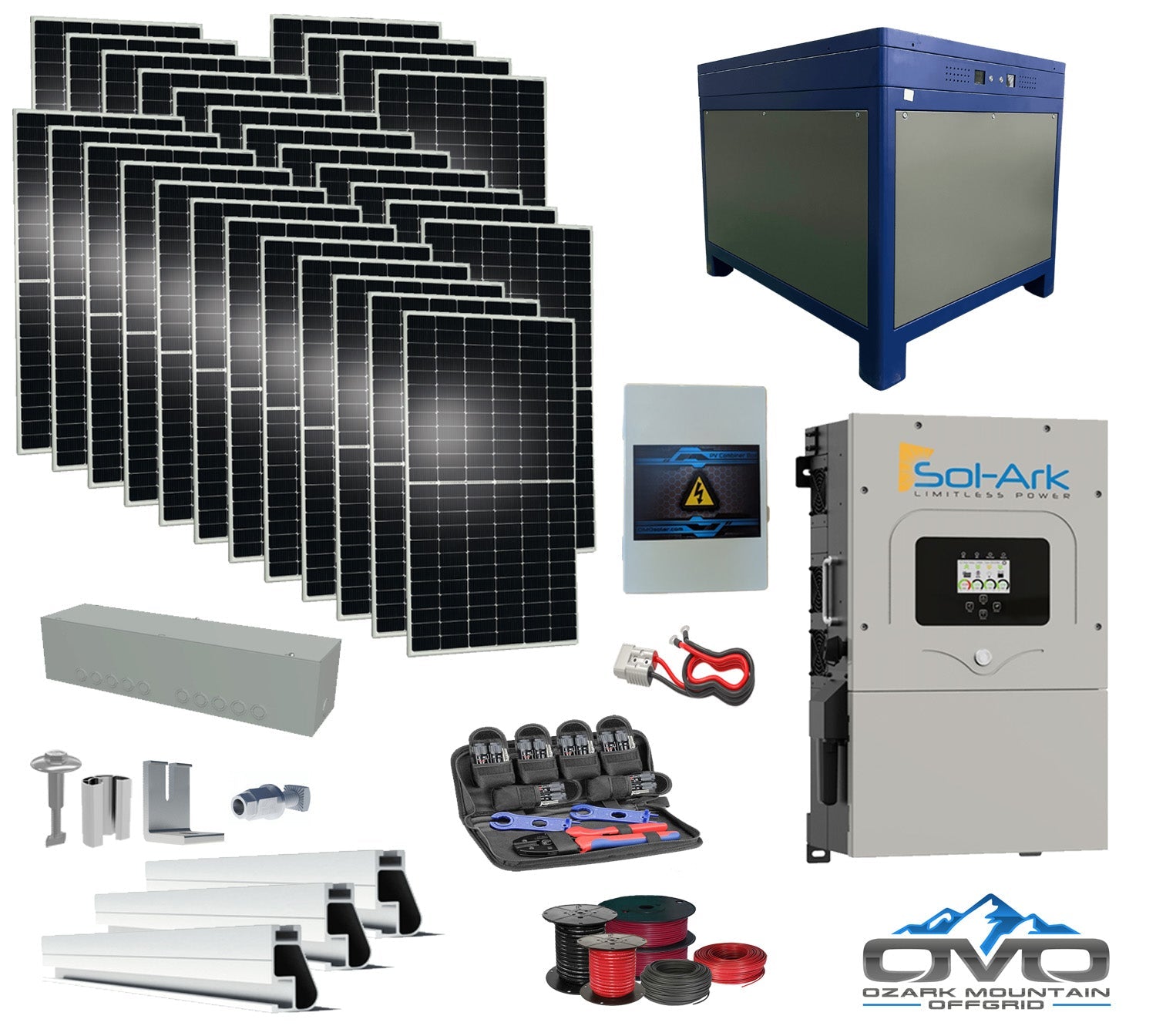 15KW Complete Offgrid Solar Kit - 62kWh Lithium Battery + 15K Sol-Ark Inverter +15.4KW Solar with Roof Mounting Rails and Wiring