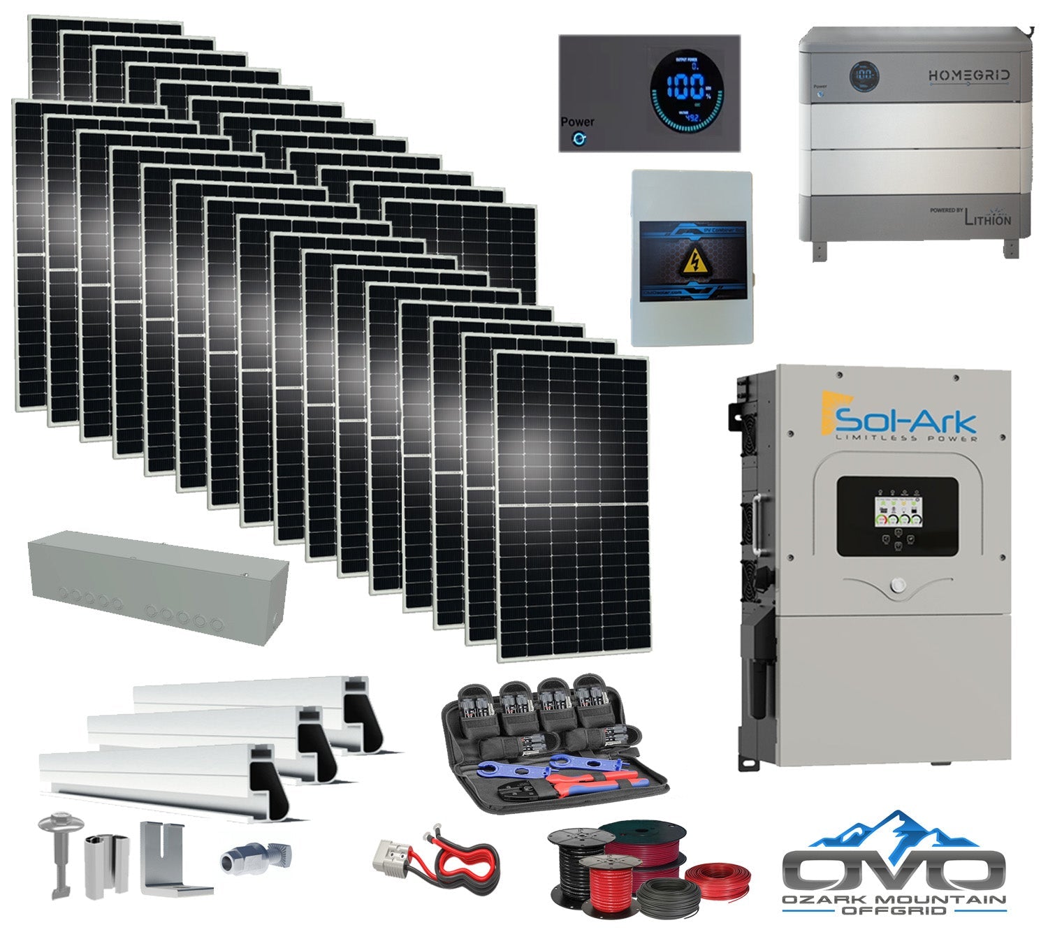 15KW Complete Offgrid Solar Kit - Homegrid 9.6kWh Lithium Battery + 15K Sol-Ark Inverter +15.4KW Solar with Mounting Rails and Wiring