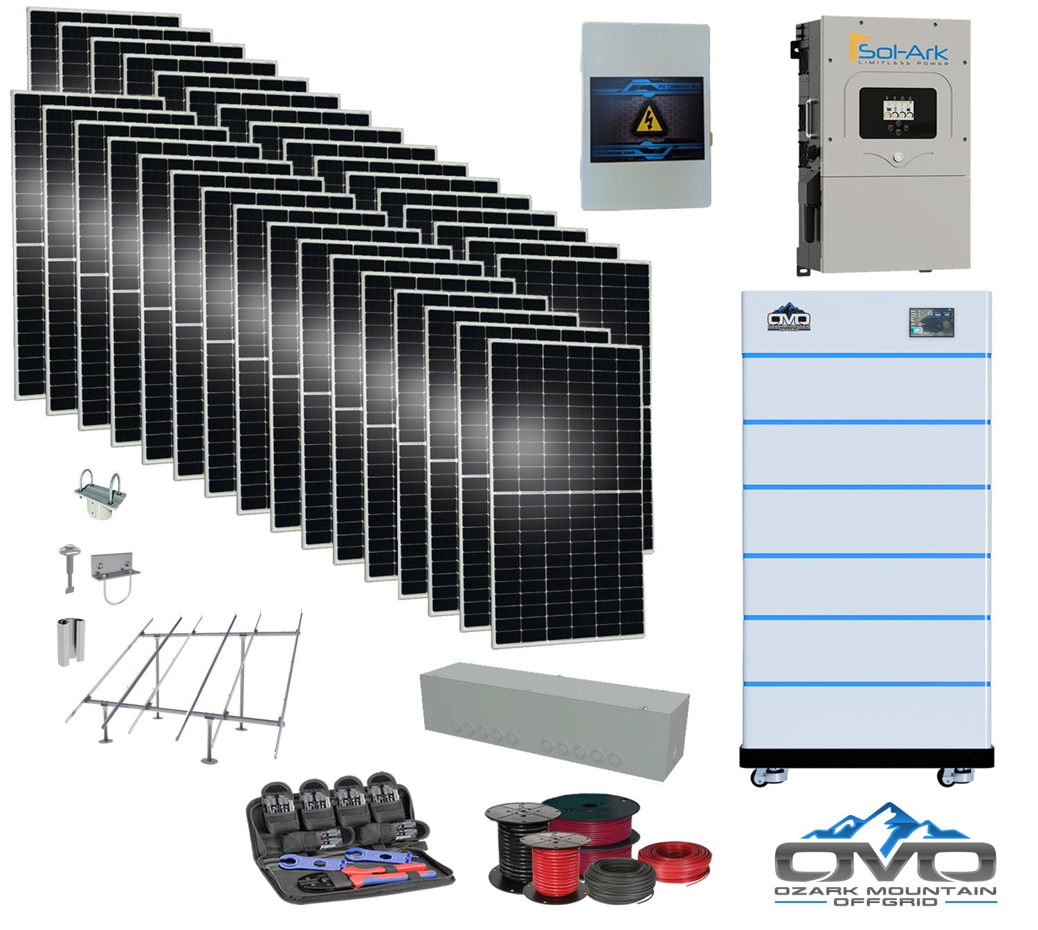 17KW Complete Offgrid Solar Kit - 15K Sol-Ark Inverter + 30.72KW OMO Stack Lithium Battery +17.6KW Solar with Ground Mount and Wiring