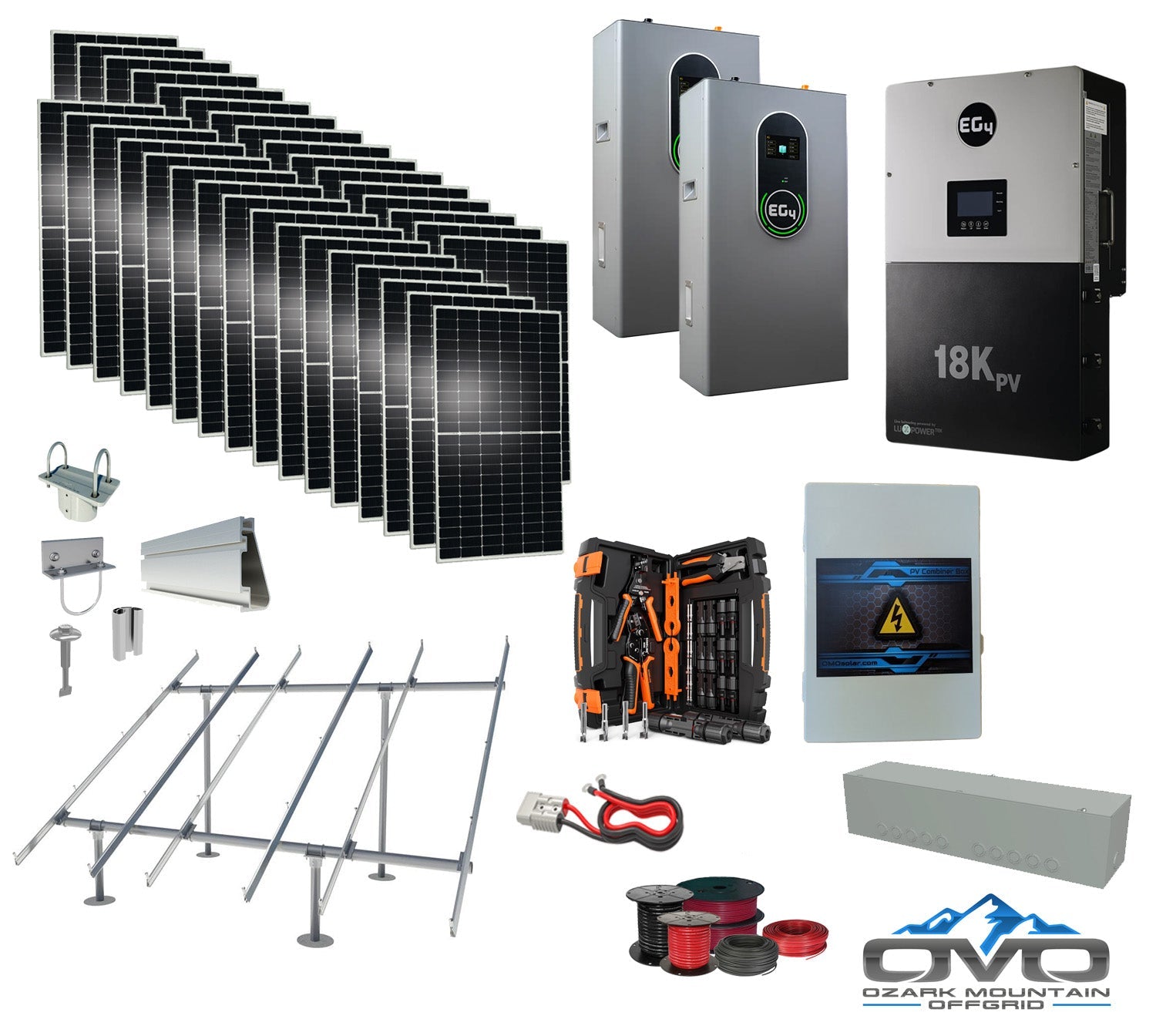 17KW Complete Offgrid Solar Kit + EG4 18kPV + 2x 14.3KW 48V EG4 Lithium Indoor Wall Battery + 17.6KW Solar with Ground Mount and Wiring