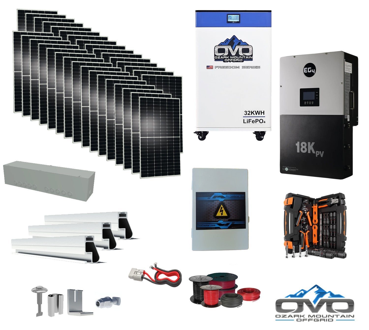 17KW Complete Offgrid Solar Kit + EG4 18kPV + 32KW OMO 48V Freedom Series Lithium Battery + 17.6KW Solar with Roof Mounting Rails and Wiring