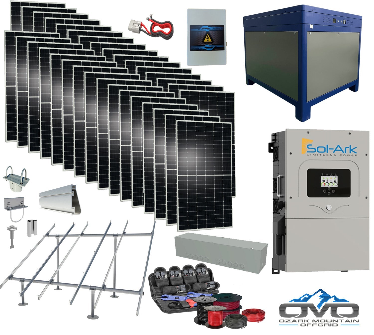 17KW Complete Offgrid Solar Kit - 62kWh Lithium Battery + 15K Sol-Ark Inverter +17.6KW Solar with Ground Mount and Wiring