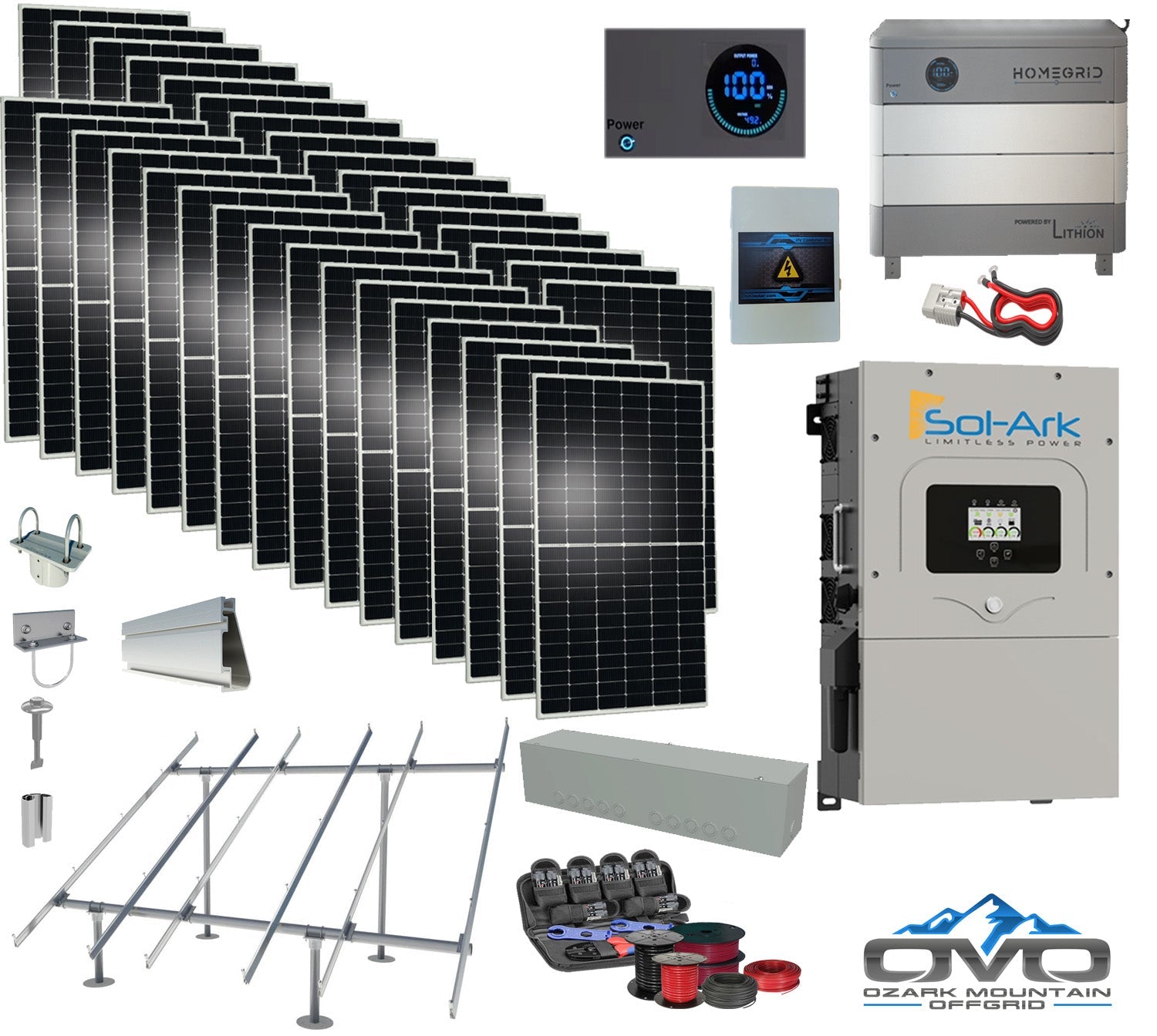 17KW Complete Offgrid Solar Kit - Homegrid 9.6kWh Lithium Battery + 15K Sol-Ark Inverter +17.6KW Solar with Ground Mount and Wiring