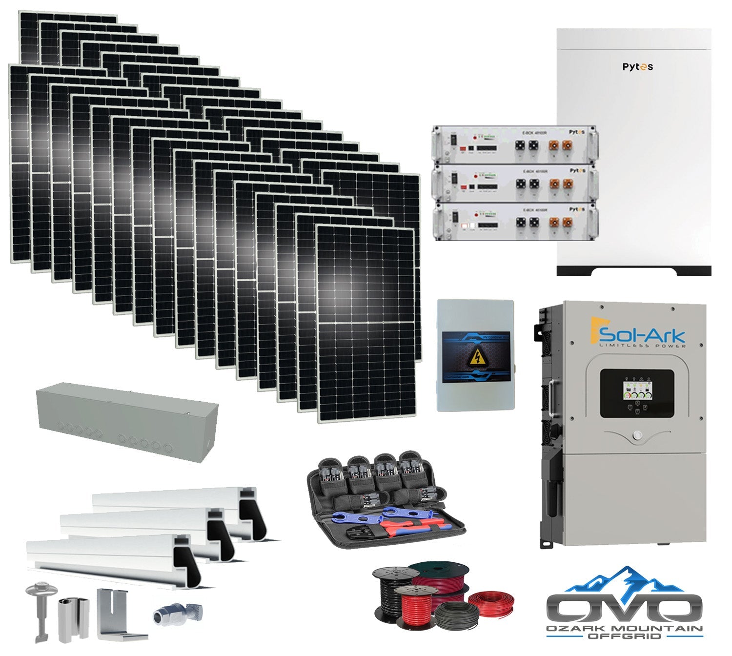 17KW Complete Offgrid Solar Kit - 15.36kWh Pytes Lithium Battery + 15K Sol-Ark Inverter +17.6KW Solar with Mounting Rails and Wiring