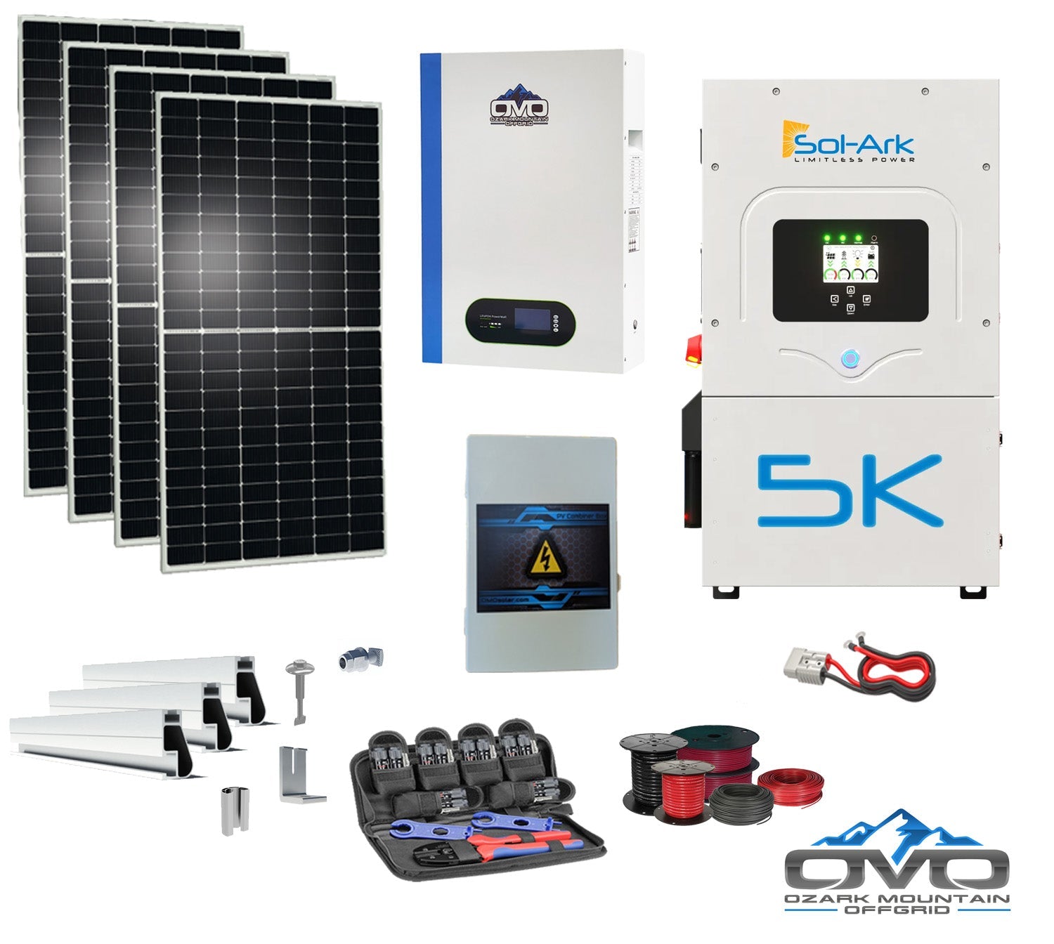 2.2KW Complete Offgrid Solar Kit + 5K Sol-Ark Inverter + 5.12KW OMO 48V Patriot Lithium Battery + 2.2KW Solar with Roof Mounting Rails and Wiring