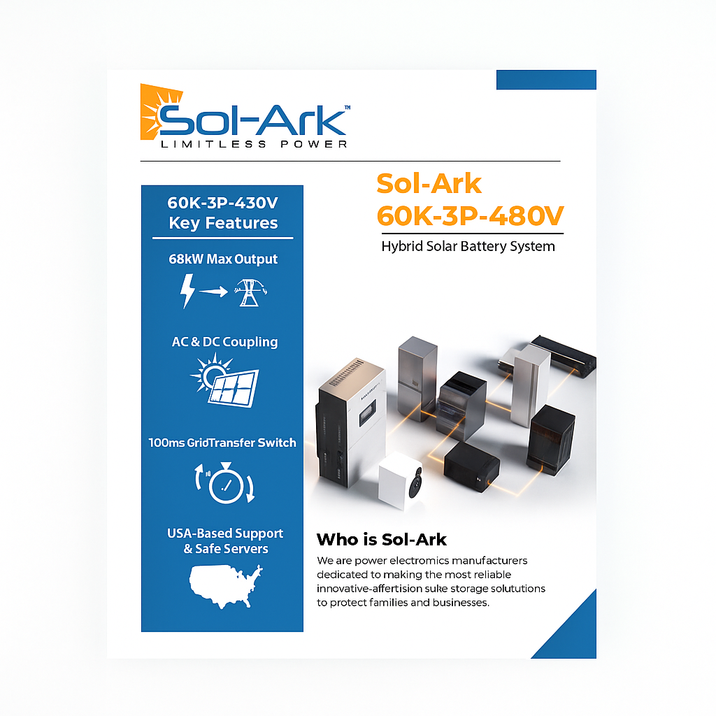 Commercial 60KW Solar Array - 3 Phase 208V Solar Kit + 2x 30K 208V Sol-Ark Inverter + 2x 60KW Sol-Ark OUTDOOR Lithium Battery +59.4KW Solar with Ground Mount and Wiring