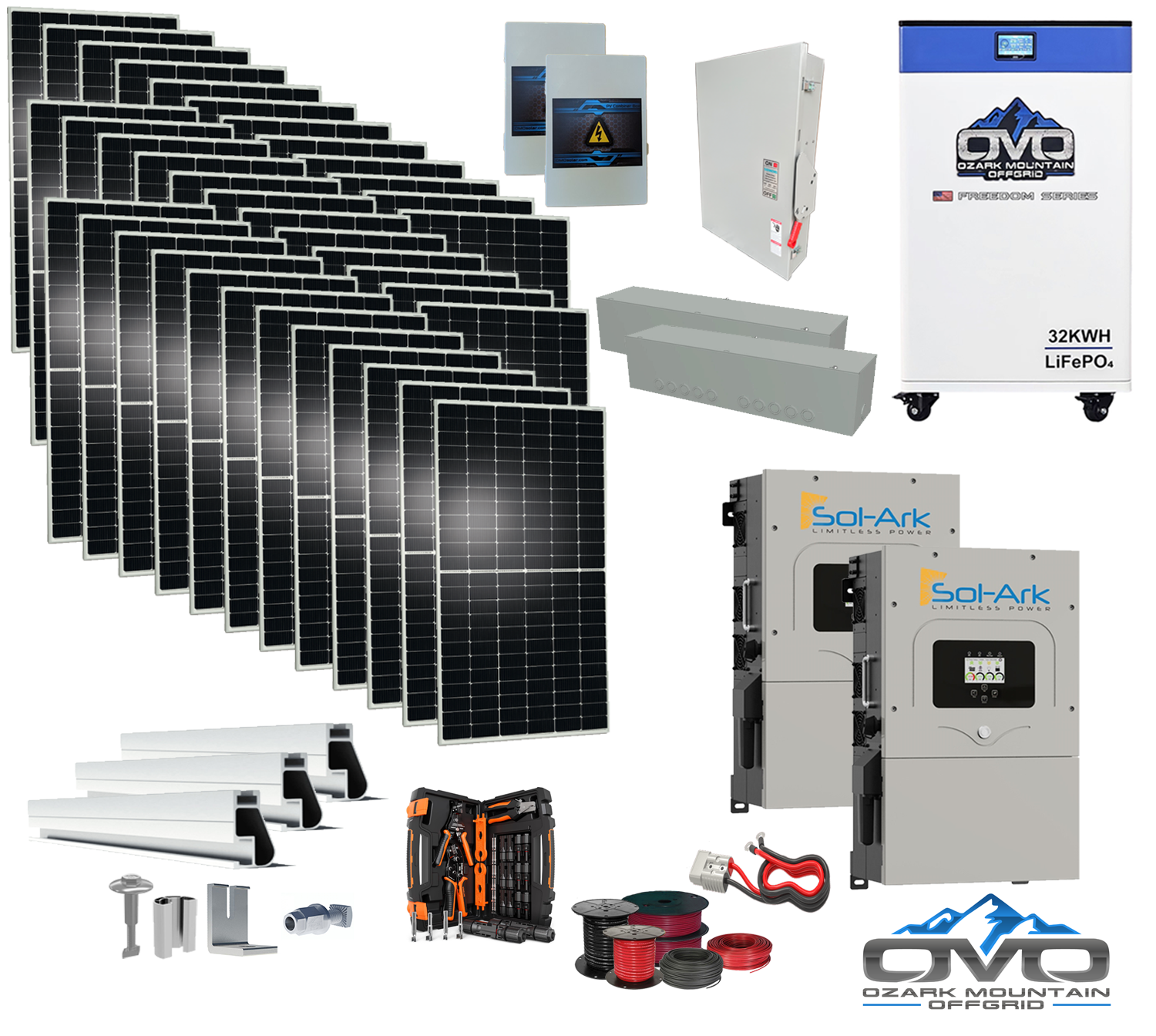 20KW Complete Offgrid Solar Kit - 32kWh OMO 48V Freedom Series Lithium Battery + 2x 15K Sol-Ark Inverter +19.8KW Solar with Roof Mount and Wiring