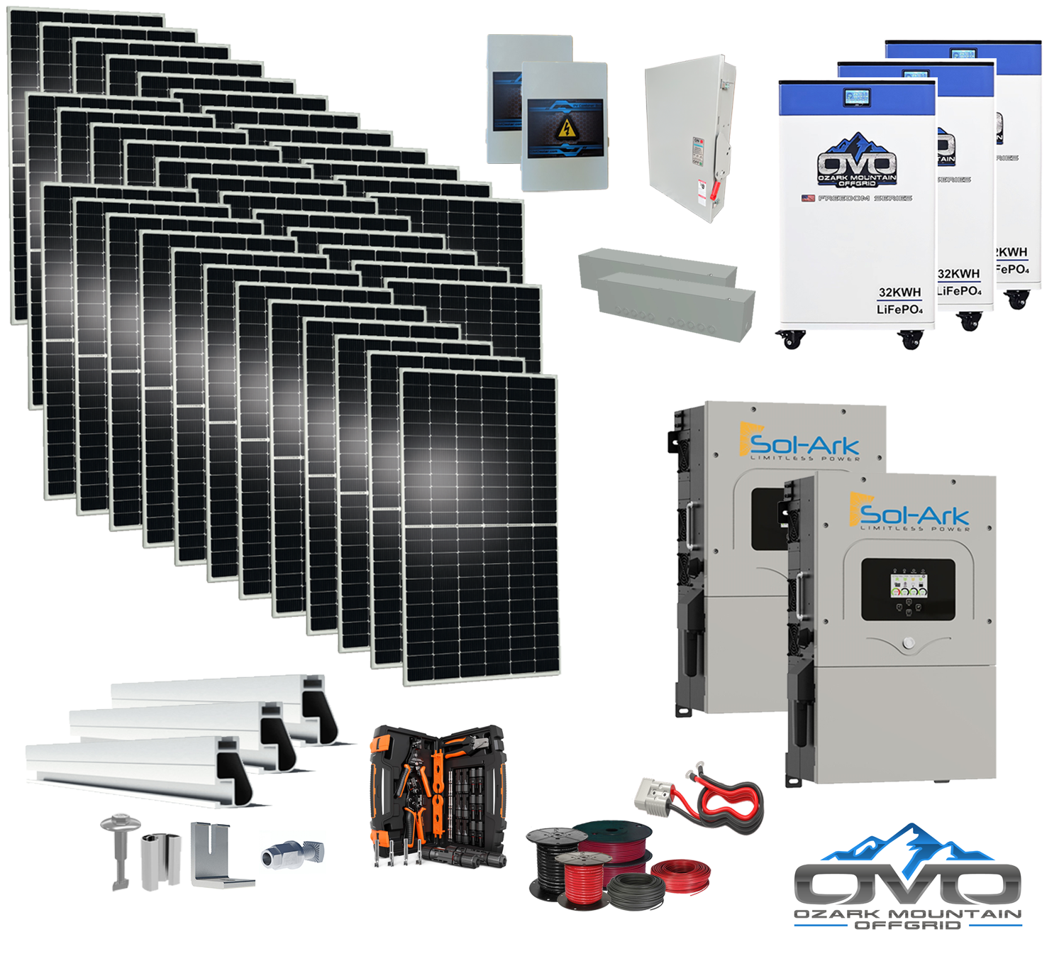 20KW Complete Offgrid Solar Kit - 3x 32kWh OMO 48V Freedom Series Lithium Battery + 2x 15K Sol-Ark Inverter +19.8KW Solar with Roof Mount and Wiring (Copy)