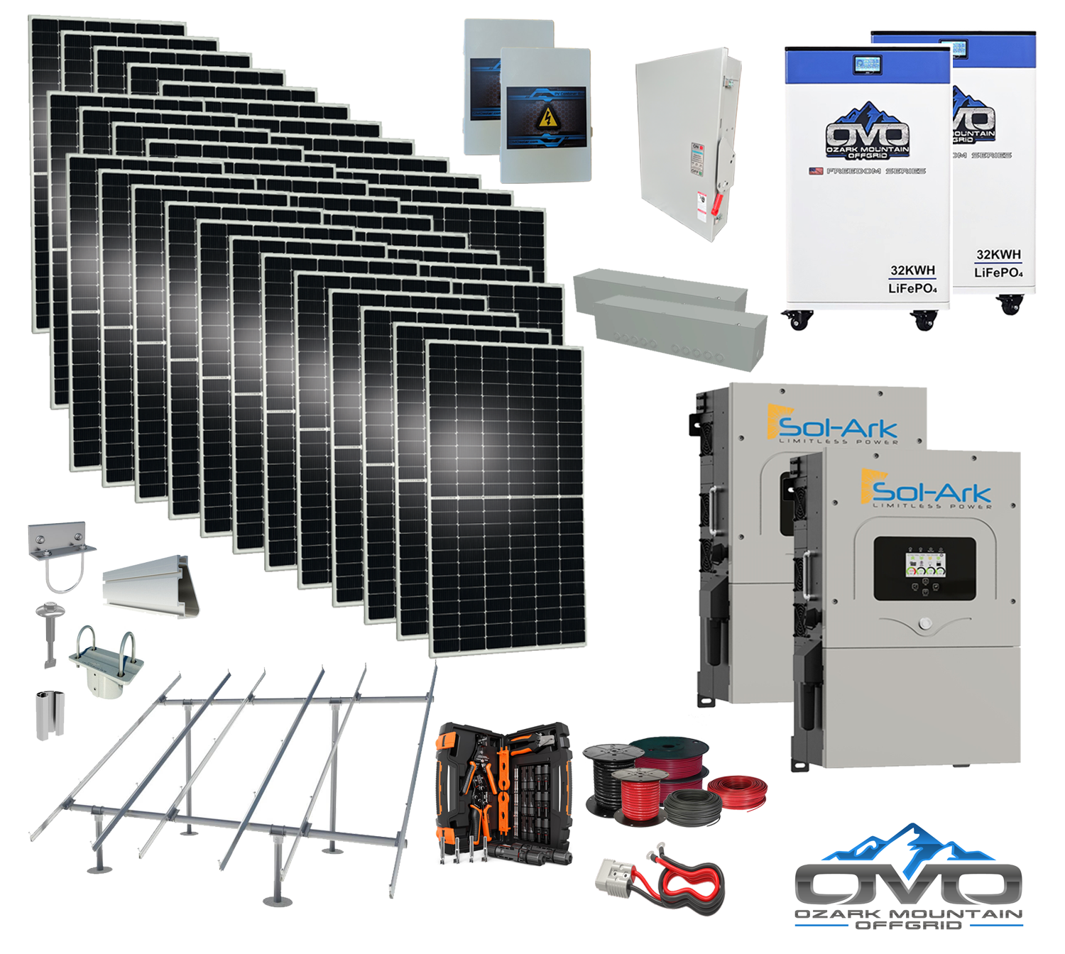 20KW Complete Offgrid Solar Kit - 2x 32kWh OMO 48V Freedom Series Lithium Battery + 2x 15K Sol-Ark Inverter +19.8KW Solar with Ground Mount and Wiring