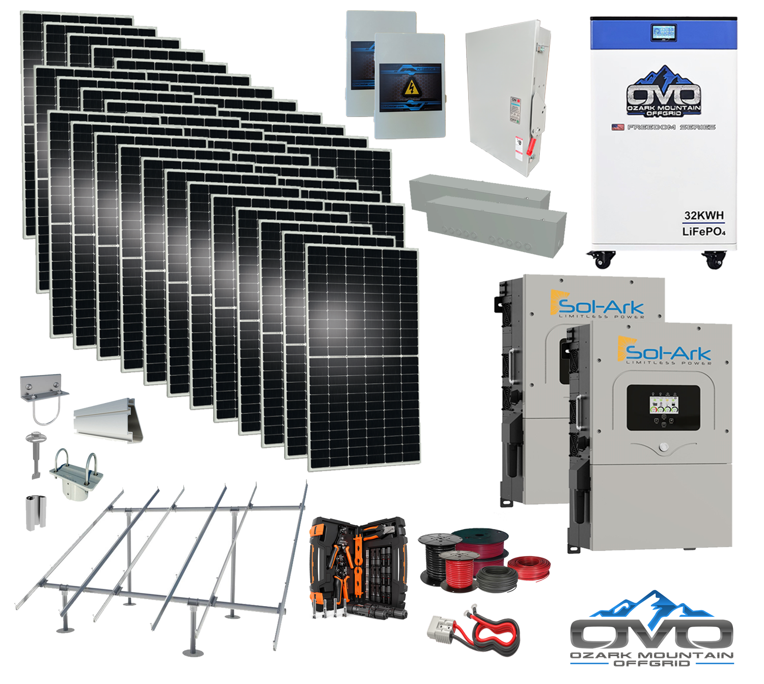 20KW Complete Offgrid Solar Kit - 32kWh OMO 48V Freedom Series Lithium Battery + 2x 15K Sol-Ark Inverter +19.8KW Solar with Ground Mount and Wiring