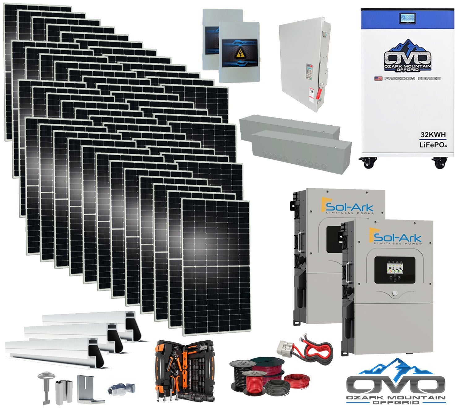 25KW Complete Offgrid Solar Kit - 32kWh OMO 48V Freedom Series Lithium Battery + 2x 15K Sol-Ark Inverter +26.4KW Solar with Mounting Rails and Wiring