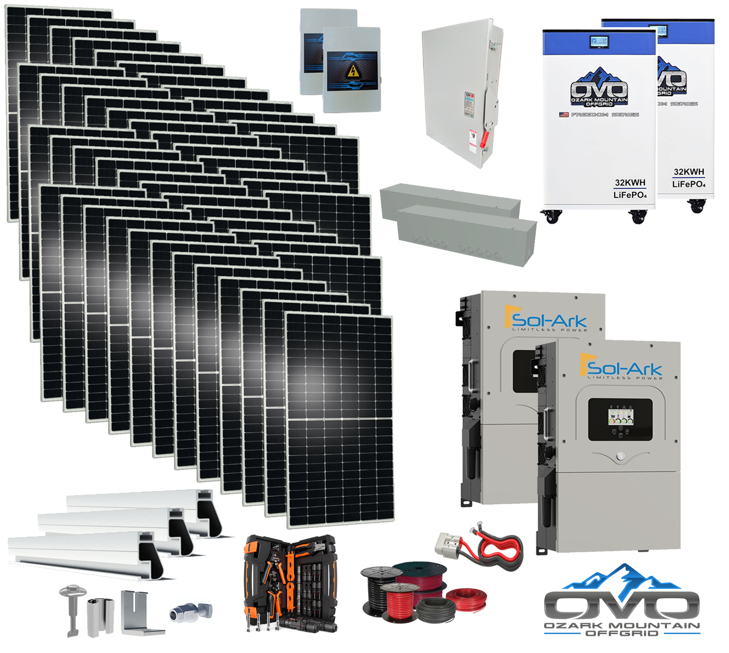 25KW Complete Offgrid Solar Kit - 2x32kWh OMO 48V Freedom Series Lithium Battery + 2x 15K Sol-Ark Inverter +26.4KW Solar with Mounting Rails and Wiring