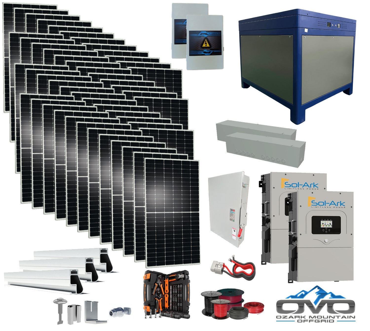 25KW Complete Offgrid Solar Kit - 62kWh Lithium Battery + 2x15K Sol-Ark Inverter +26.4KW Solar with Roof Mounting Rails and Wiring