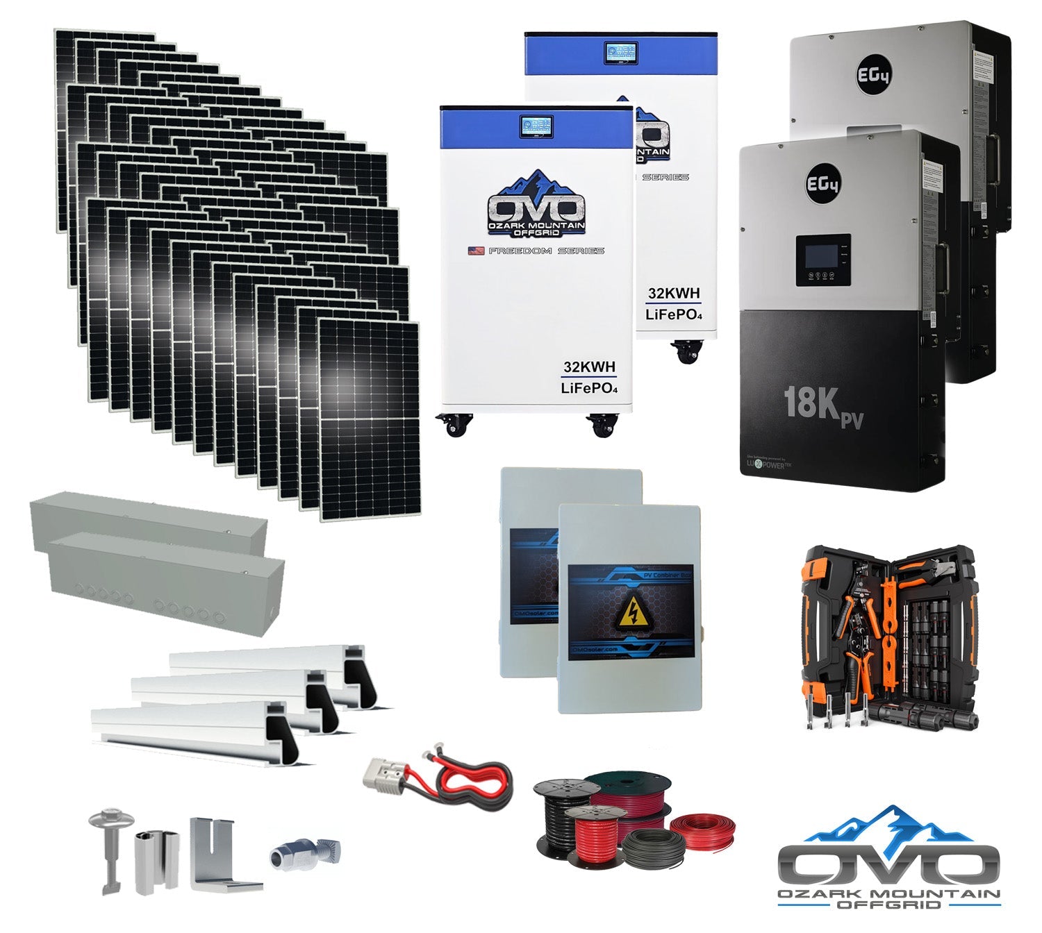 25KW Complete Offgrid Solar Kit + EG4 18kPV + 2x 32KW OMO 48V Freedom Series Lithium Battery + 26.4KW Solar with Roof Mounting Rails and Wiring