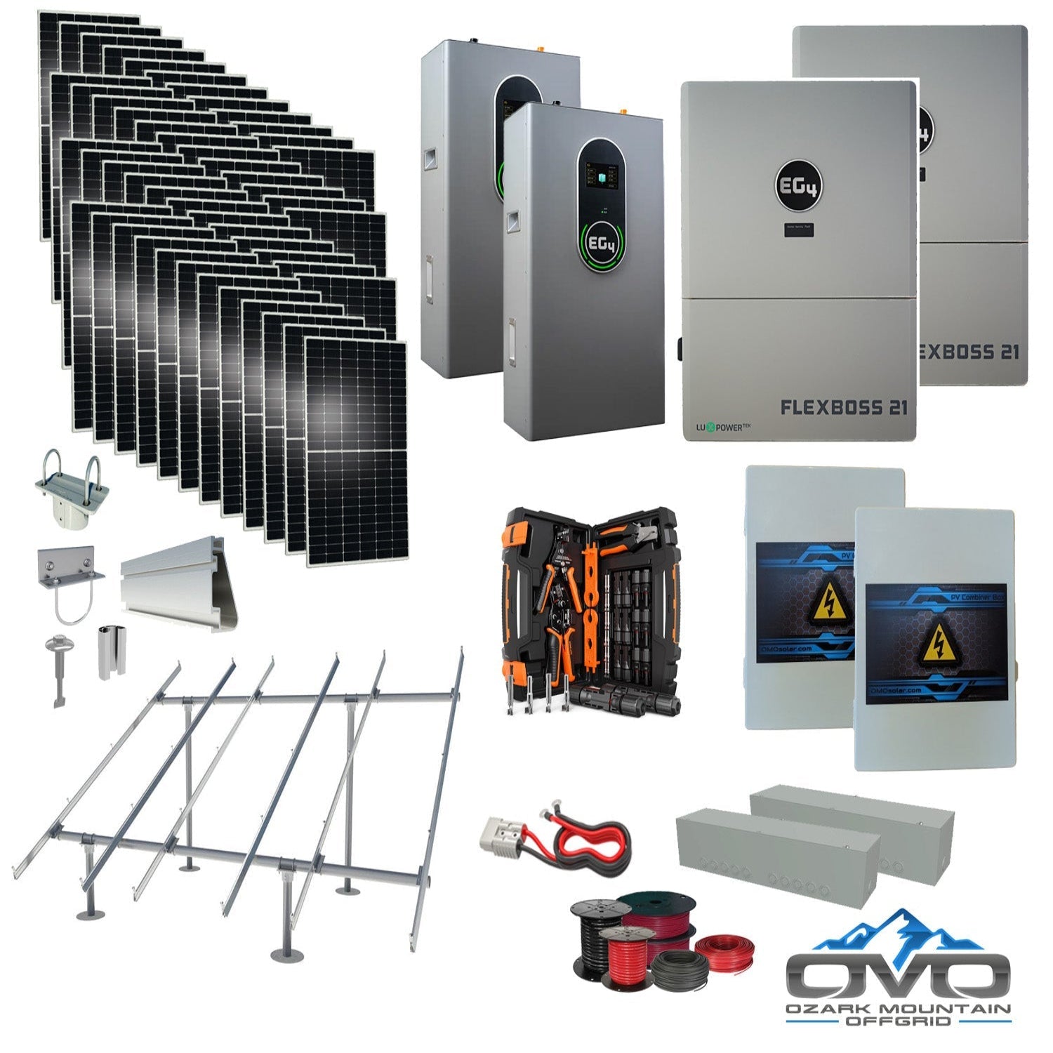 25KW Complete Offgrid Solar Kit + EG4 FlexBOSS21 + 2x 14.3KW 48V EG4 Lithium Indoor Wall Battery + 26.4KW Solar with Ground Mount and Wiring