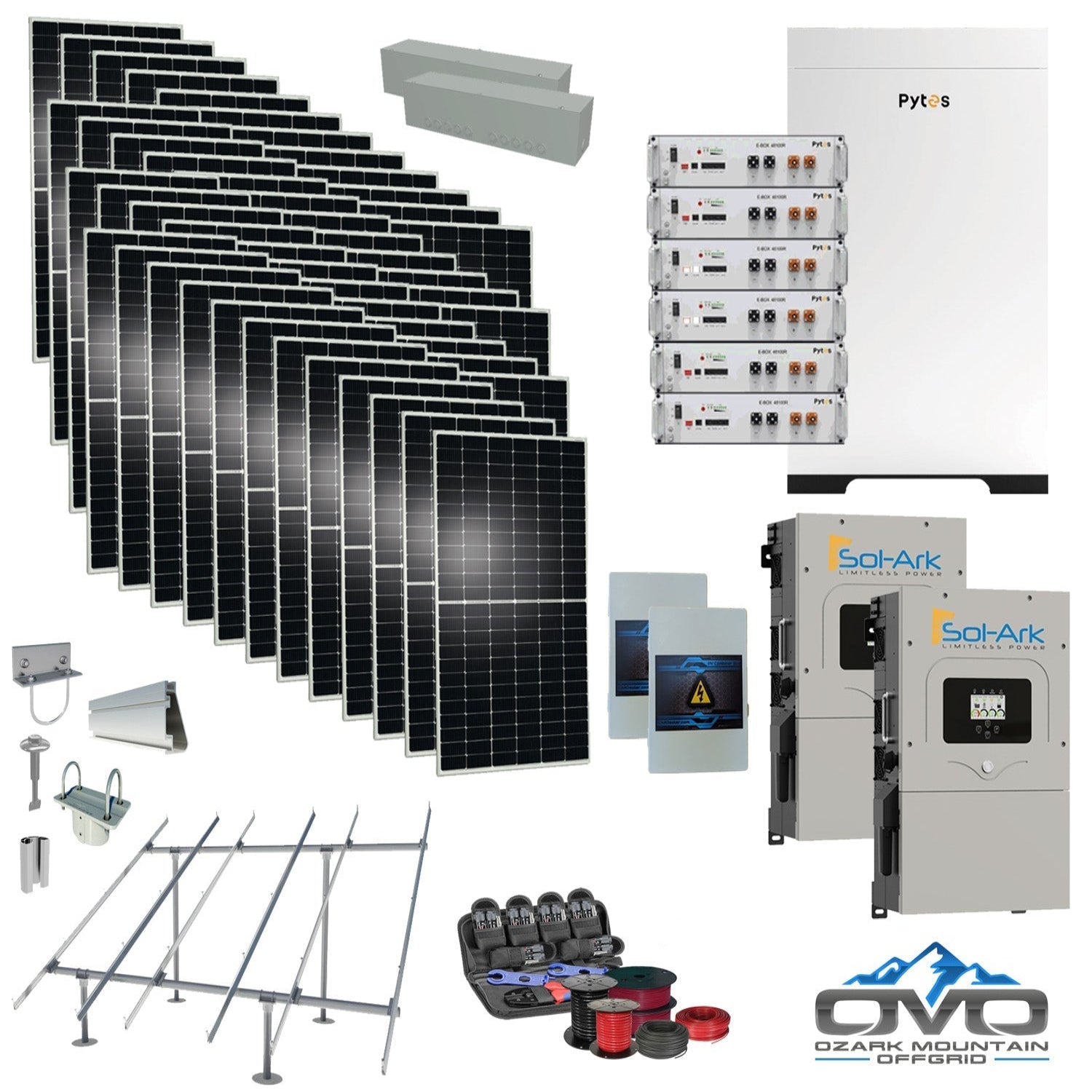 25KW Complete Offgrid Solar Kit - 30.72kWh Pytes Lithium Battery+ 2x15K Sol Ark Inverter +26.4KW Solar with Ground Mount and Wiring