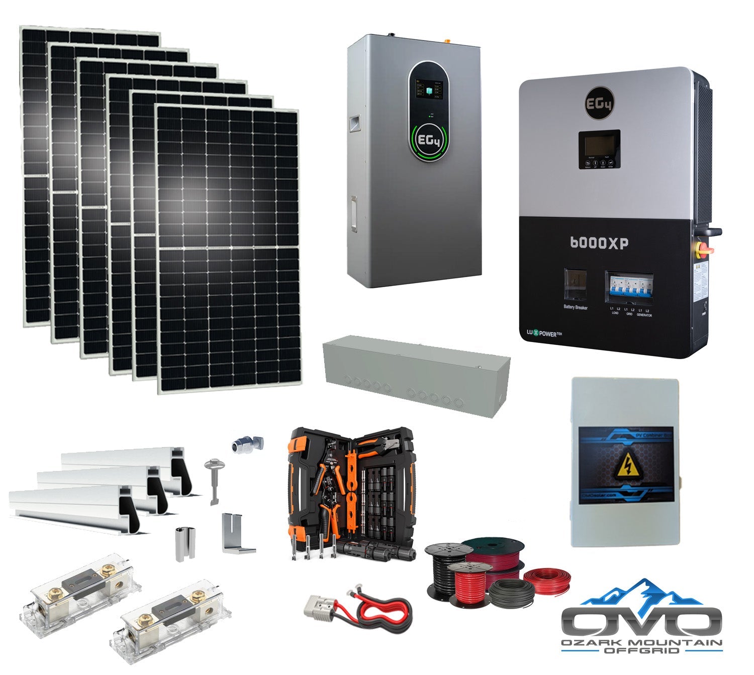 3.3KW Complete Offgrid Solar Kit + 6K EG4 6000XP Inverter + 14.3KW 48V EG4 Lithium Indoor Wall Battery + 3.3KW Solar with Roof Mounting Rails and Wiring