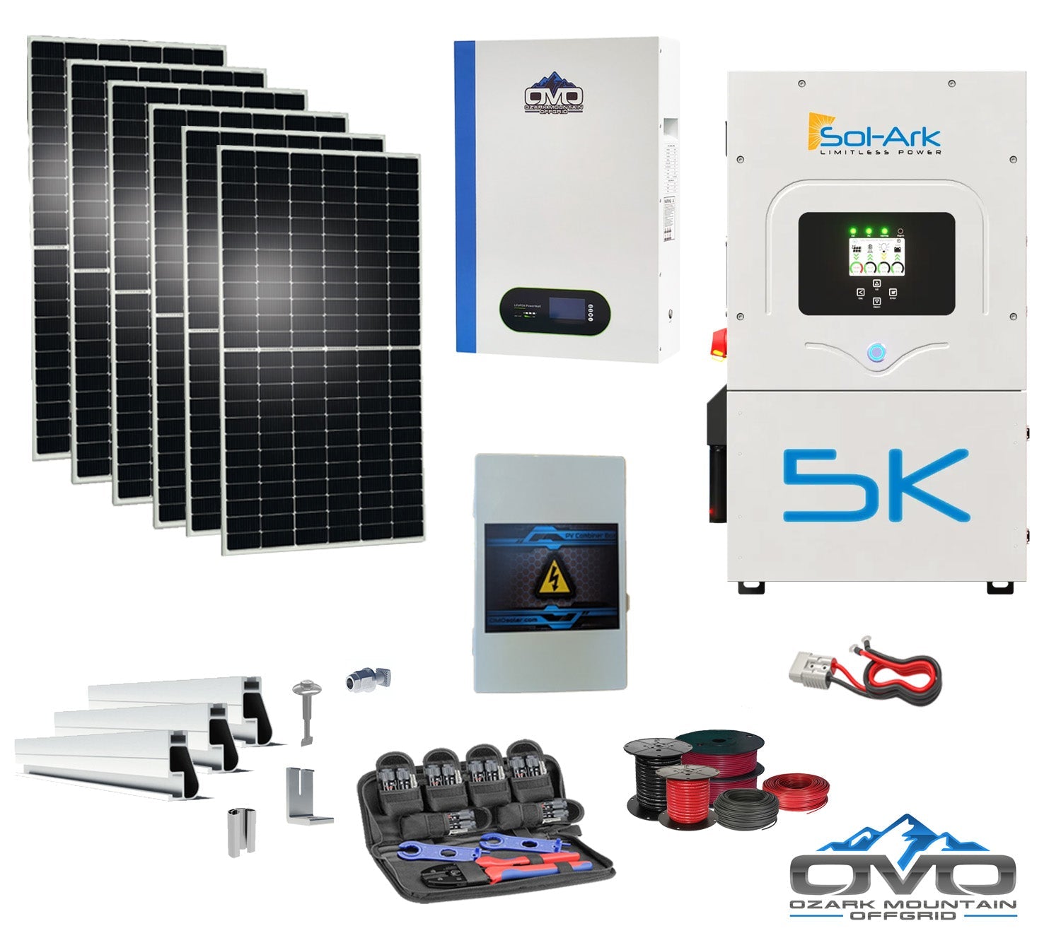 3.3KW Complete Offgrid Solar Kit + 5K Sol-Ark Inverter + 5.12KW OMO 48V Patriot Lithium Battery + 3.3KW Solar with Roof Mounting Rails and Wiring