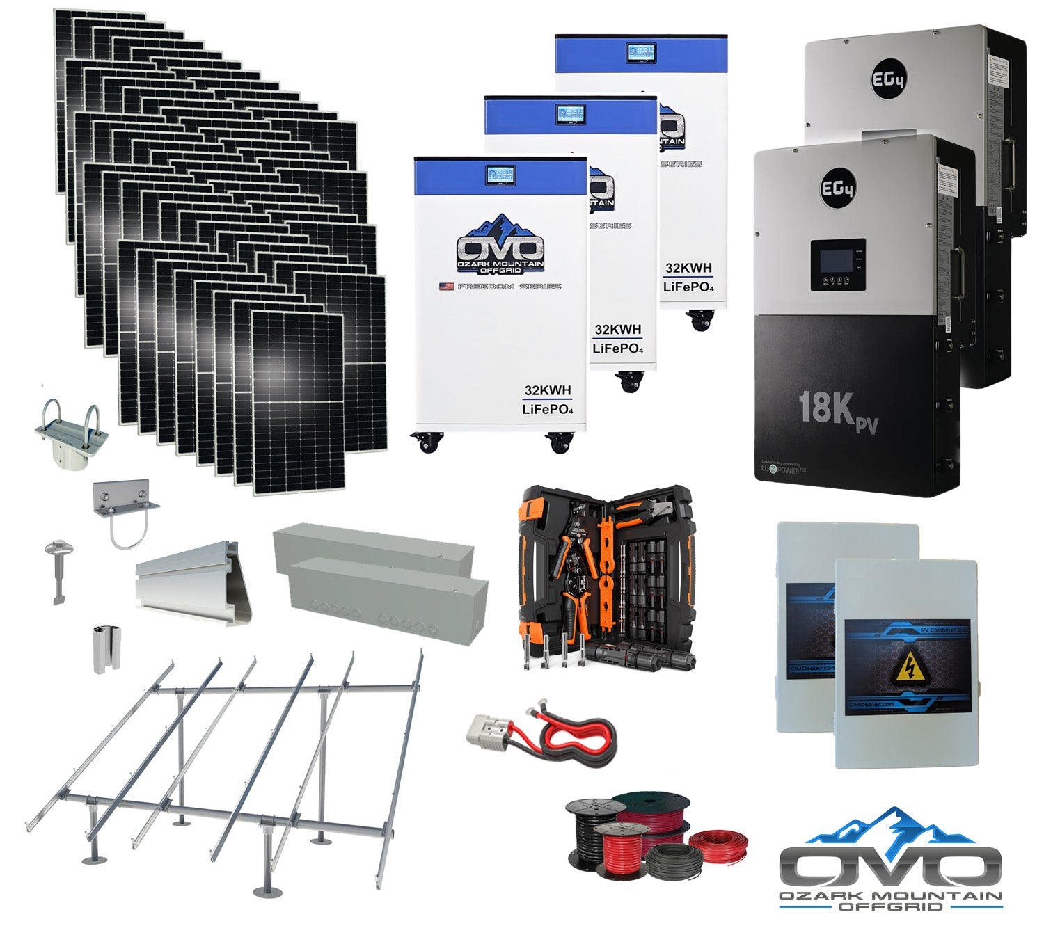 30KW Complete Offgrid Solar Kit + EG4 18kPV + 3x 32KW OMO 48V Freedom Series Lithium Battery + 30.8KW Solar with Ground Mount and Wiring
