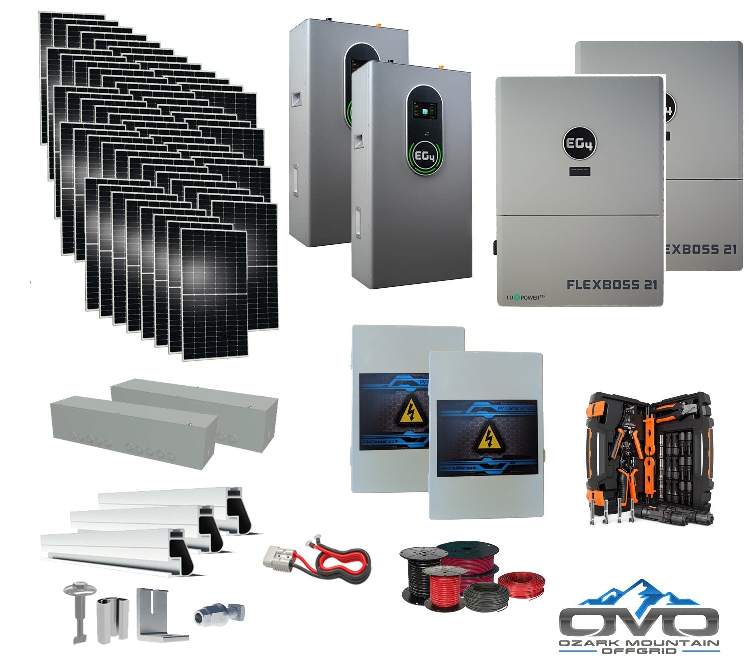30KW Complete Offgrid Solar Kit + EG4 FlexBOSS21 + 2x 14.3KW 48V EG4 Lithium Indoor Wall Battery + 30.8KW Solar with Roof Mounting Rails and Wiring