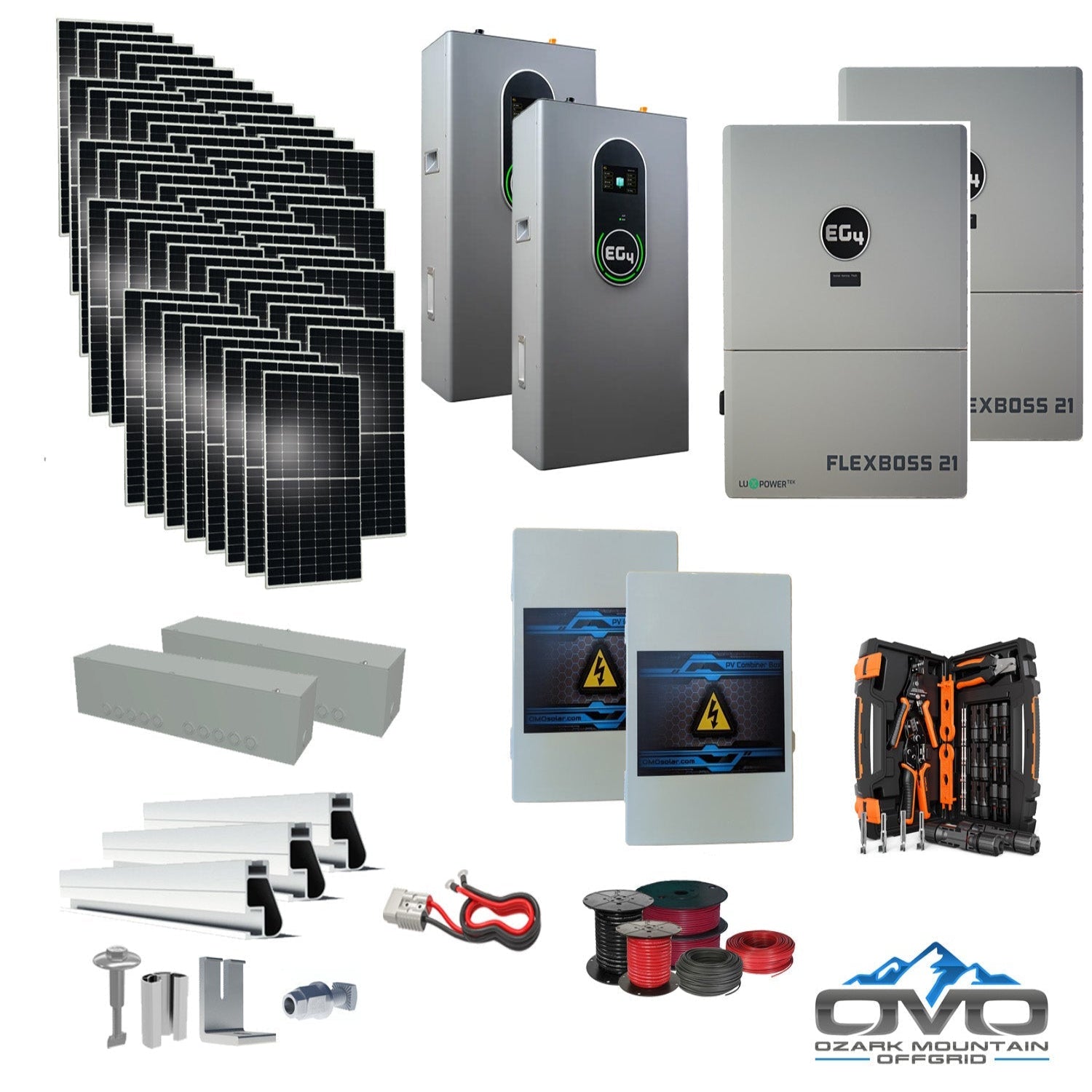 30KW Complete Offgrid Solar Kit + EG4 FlexBOSS21 + 2x 14.3KW 48V EG4 Lithium Indoor Wall Battery + 30.8KW Solar with Roof Mounting Rails and Wiring