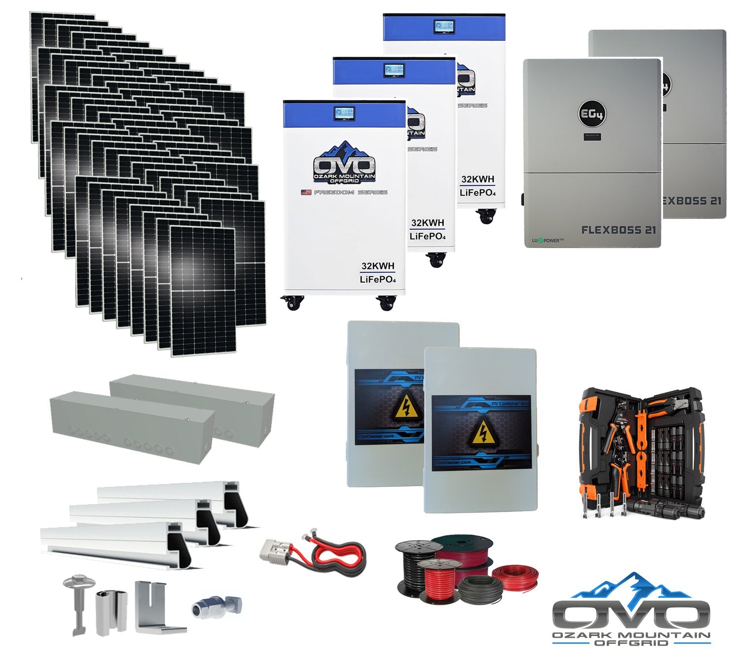 30KW Complete Offgrid Solar Kit + EG4 FlexBOSS21 + 3x 32KW OMO 48V Freedom Series Lithium Battery + 30.8KW Solar with Roof Mounting Rails and Wiring