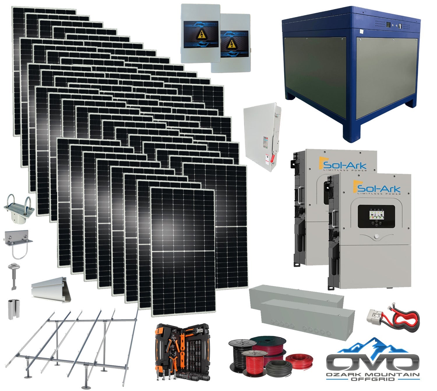 30KW Complete Offgrid Solar Kit + 2x 15K Sol-Ark Inverter + 62KwH Lithium Battery +30.8KW Solar with Ground Mount and Wiring