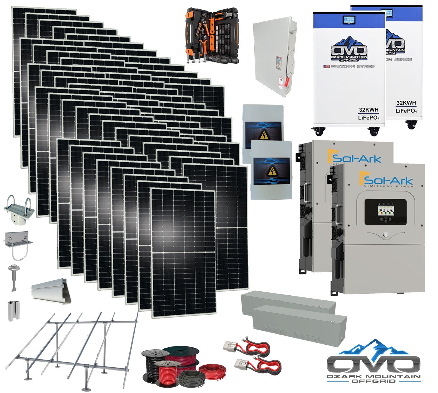 30KW Complete Offgrid Solar Kit + 2x 15K Sol-Ark Inverter + 2x 32kWh OMO 48V Freedom Series Lithium Battery +30.8KW Solar with Ground Mount and Wiring
