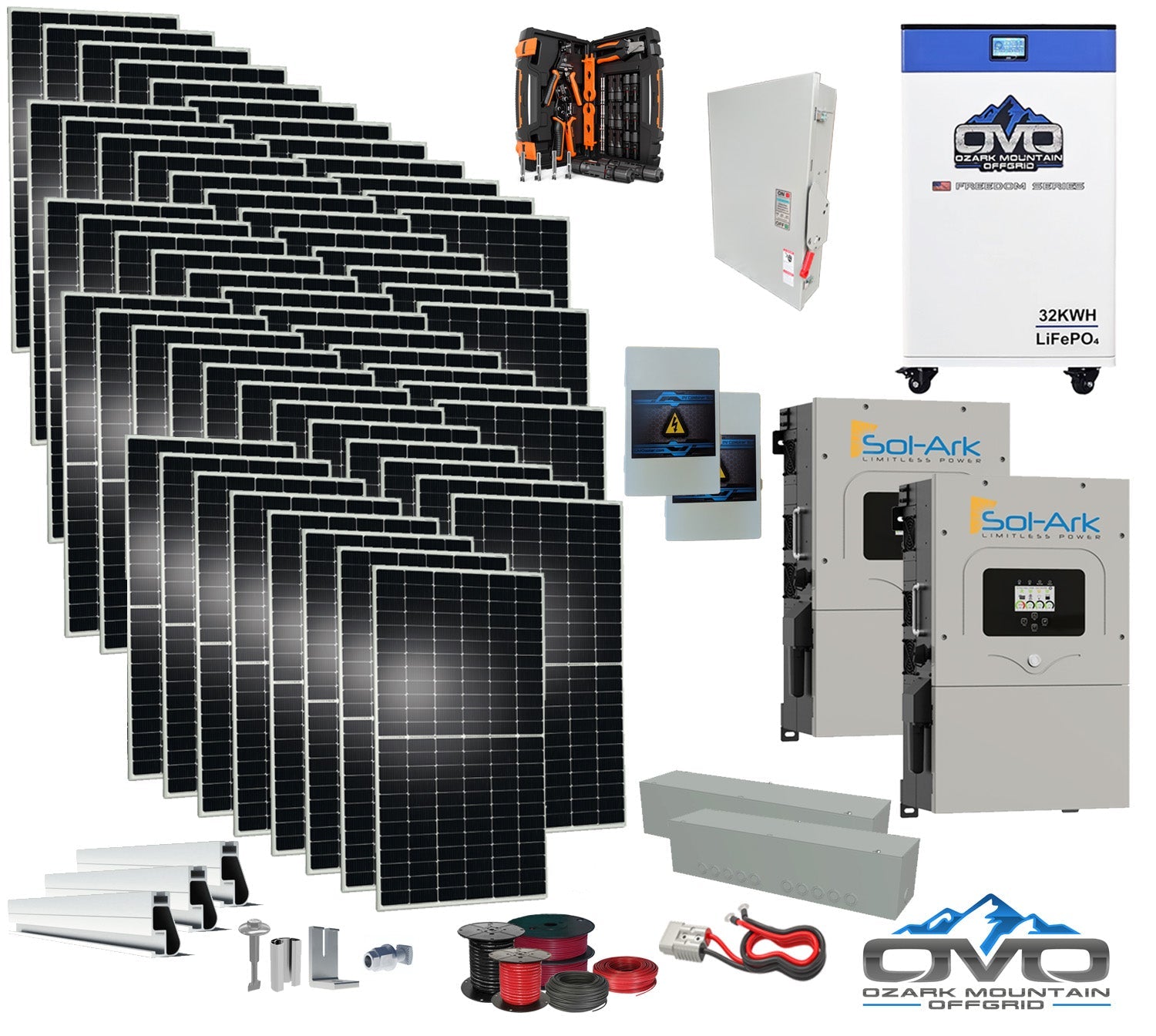 30KW Complete Offgrid Solar Kit + 2x 15K Sol-Ark Inverter + 32kWh OMO 48V Freedom Series Lithium Battery +30.8KW Solar with Roof Mount and Wiring