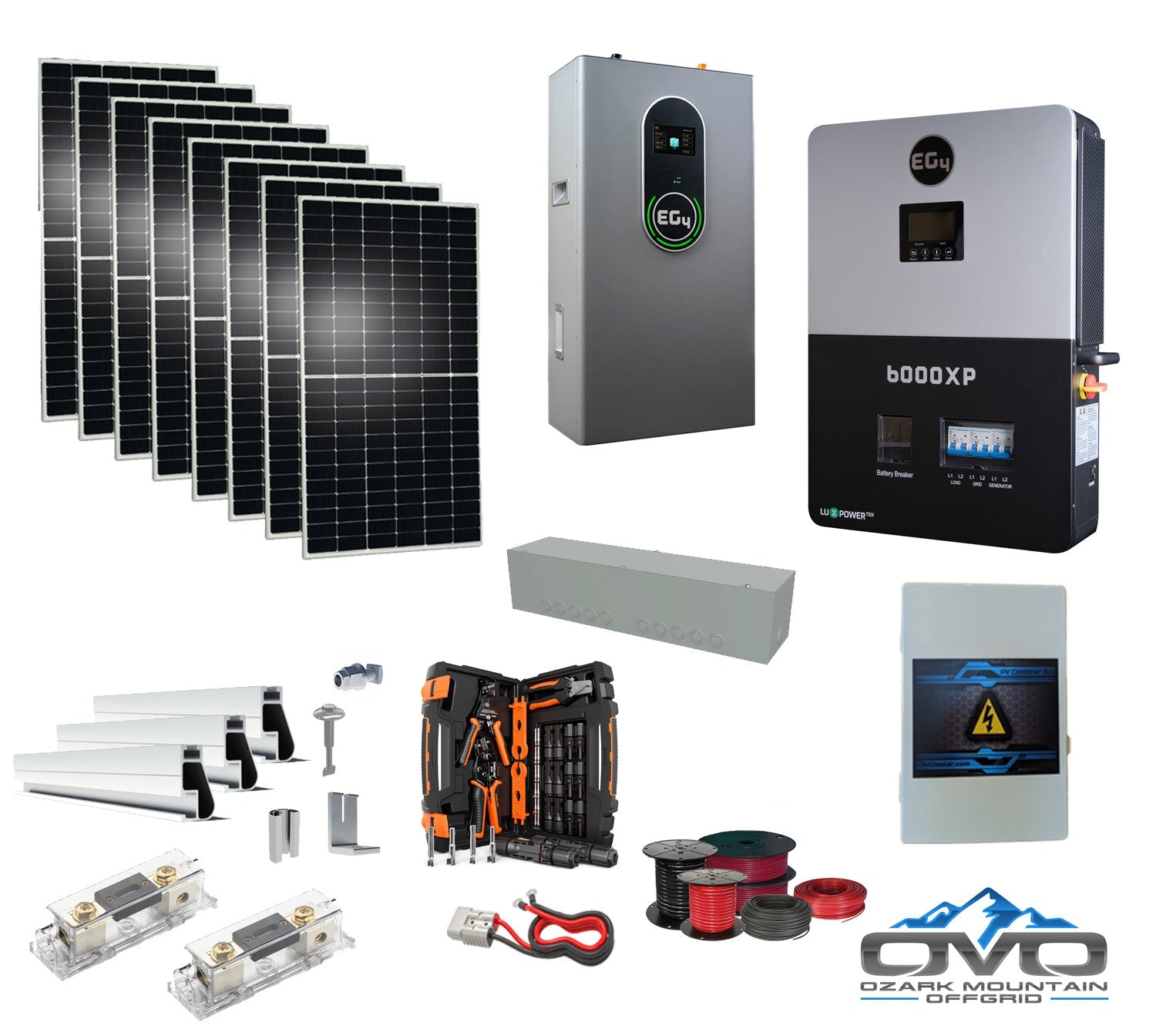 4.4KW Complete Offgrid Solar Kit + 6K EG4 6000XP Inverter + 14.3KW 48V EG4 Lithium Indoor Wall Battery + 4.4KW Solar with Roof Mounting Rails and Wiring