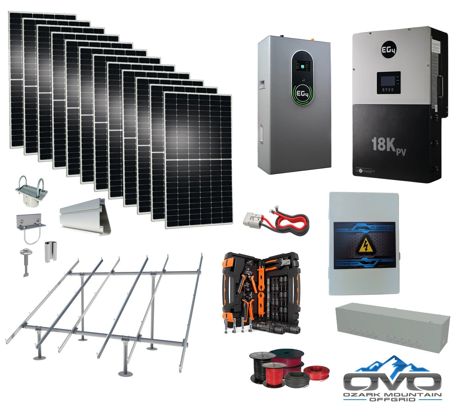 6KW Complete Offgrid Solar Kit + EG4 18kPV Inverter + 14.3KW 48V EG4 Lithium Indoor Wall Battery + 6.6KW Solar with Ground Mount and Wiring
