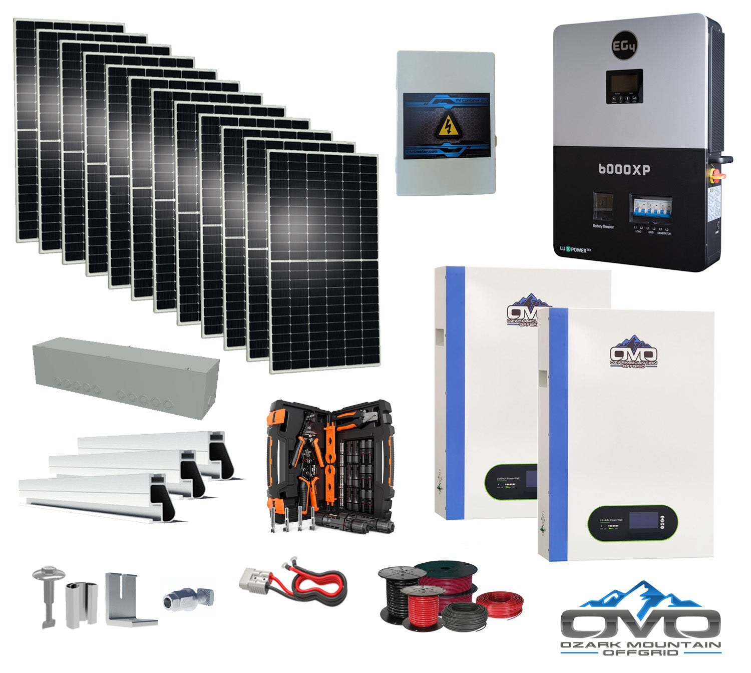 6KW Complete Offgrid Solar Kit + 6K EG4 6000XP Inverter + 2x 5.12KW OMO 48V Patriot Lithium Battery + 6.6KW Solar with Roof Mounting Rails and Wiring