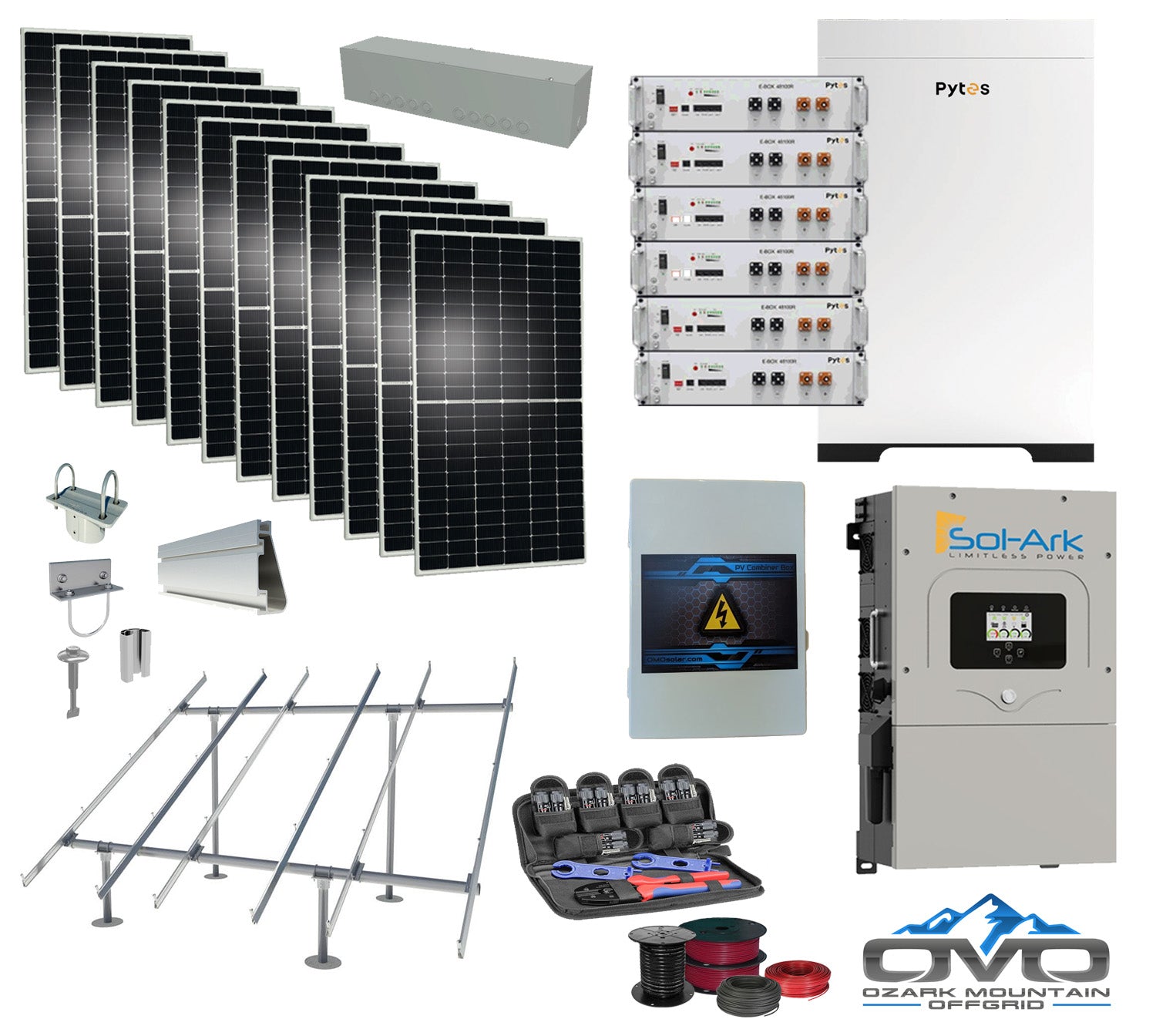 6KW Complete Offgrid Solar Kit - 30.72kWh Pytes Lithium Battery + 15K Sol-Ark Inverter +6.6KW Solar with Ground Mount Rails and Wiring