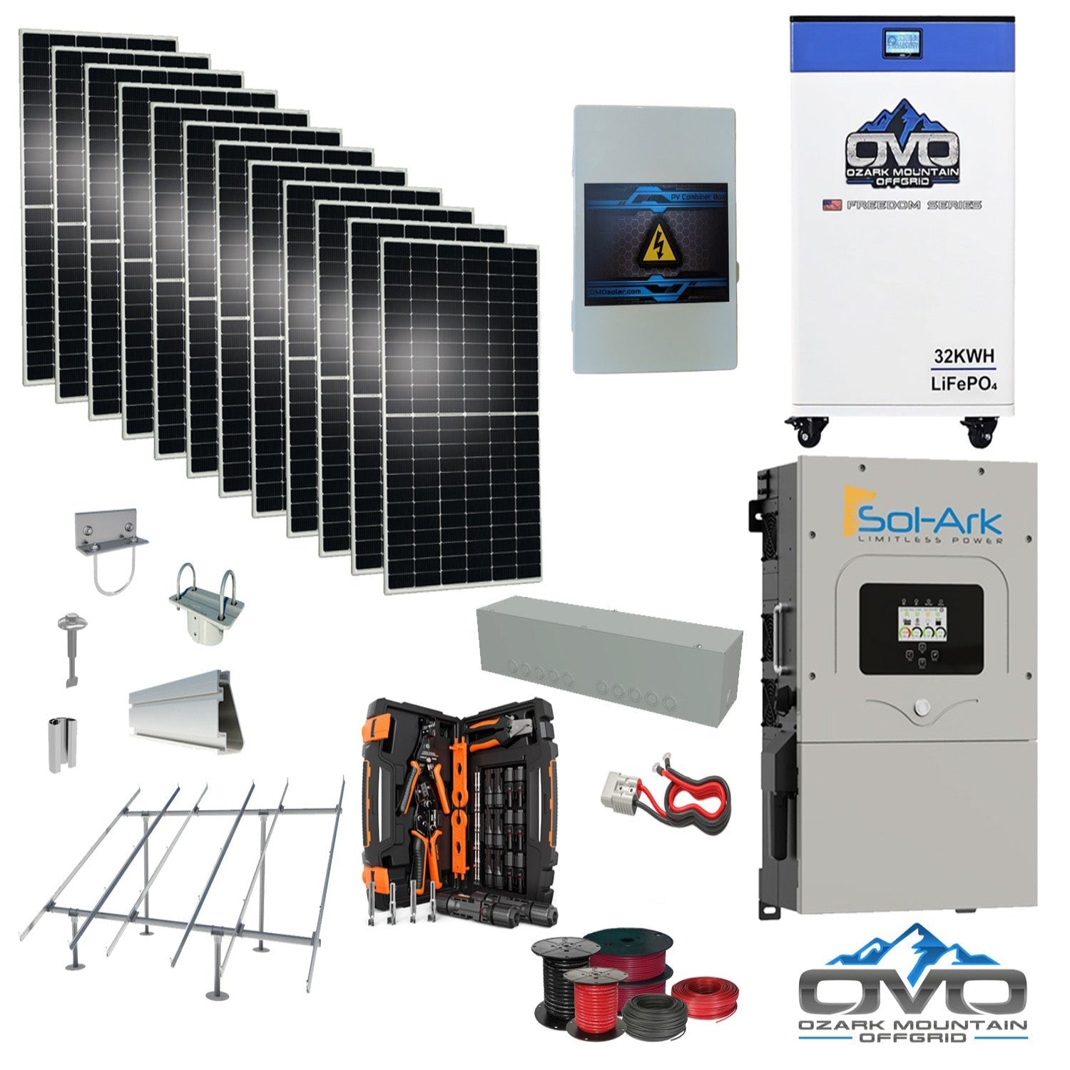 6KW Complete Offgrid Solar Kit - 32kWh OMO 48V Freedom Series Lithium Battery + 15K Sol-Ark Inverter +6.6KW Solar with Ground Mount Rails and Wiring