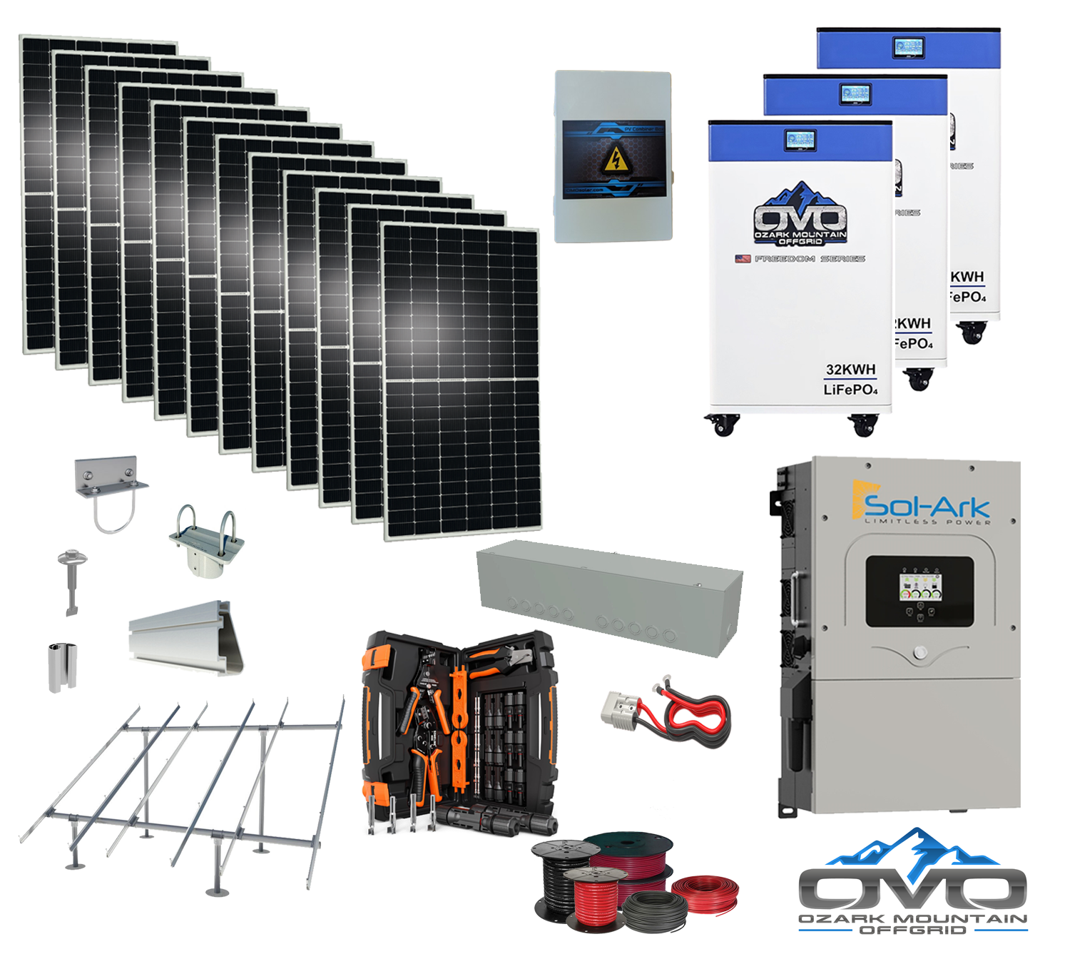 6KW Complete Offgrid Solar Kit - 3x 32kWh OMO 48V Freedom Series Lithium Battery + 15K Sol-Ark Inverter +6.6KW Solar with Ground Mount and Wiring