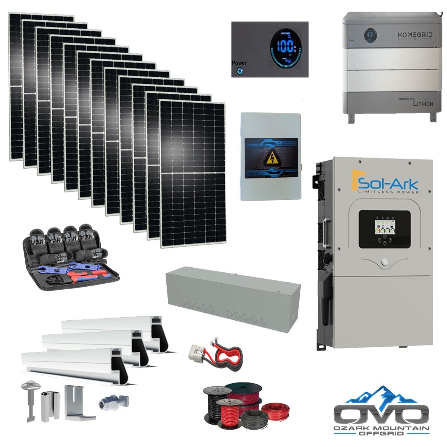 6KW Complete Offgrid Solar Kit - 9.6kWh Lithium Battery + 15K Sol Ark Inverter +6.6KW Solar with Mounting Rails and Wiring