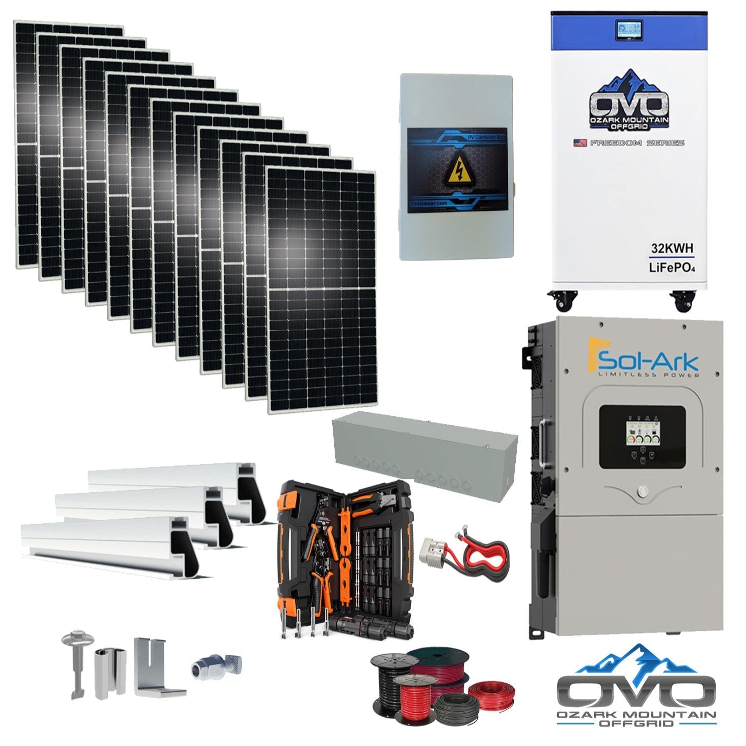6KW Complete Offgrid Solar Kit - 32kWh OMO 48V Freedom Series Lithium Battery + 15K Sol-Ark Inverter +6.6KW Solar with Mounting Rails and Wiring