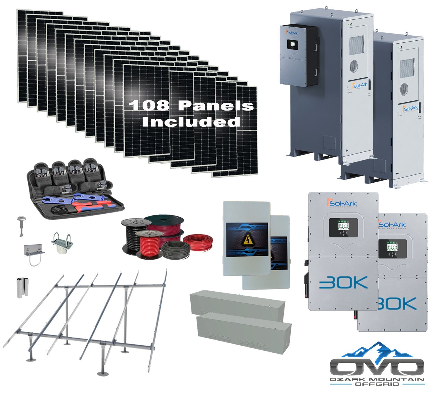 Commercial 60KW Solar Array - 3 Phase 208V Solar Kit + 2x 30K 208V Sol-Ark Inverter + 2x 60KW Sol-Ark OUTDOOR Lithium Battery +59.4KW Solar with Ground Mount and Wiring