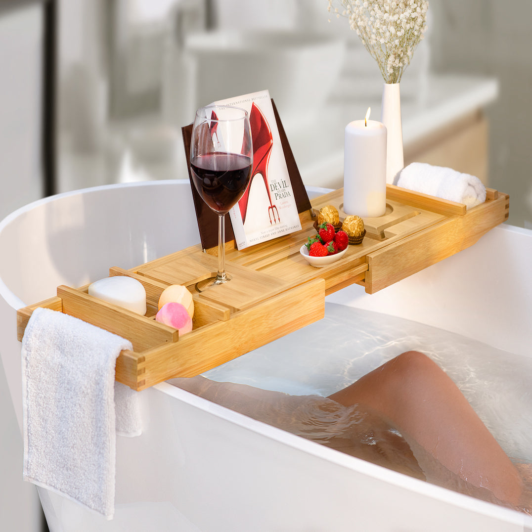 SAUNA EVOLUTION® Natural Bamboo Bathtub Caddy