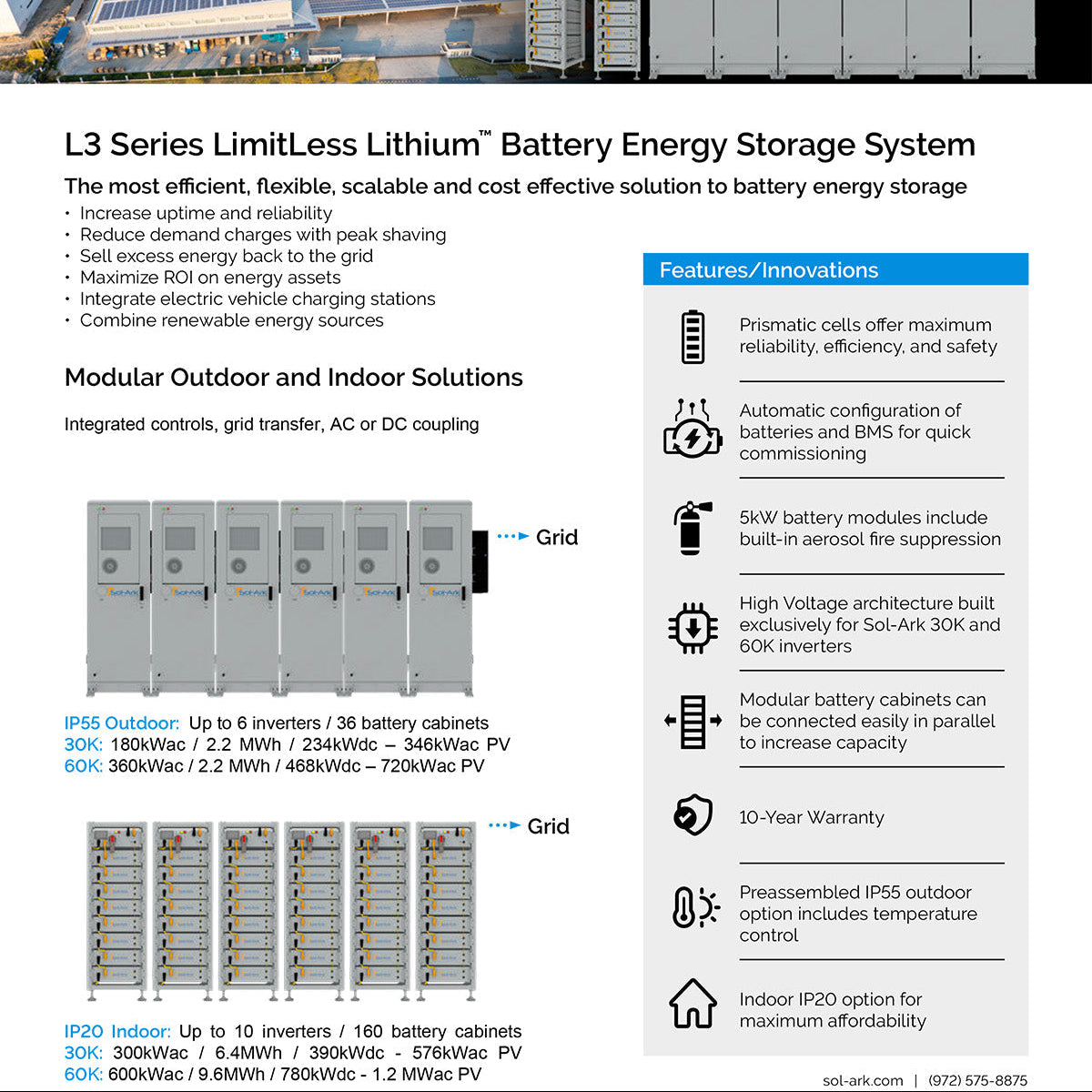 Commercial 120KW Solar Array - 3 Phase 208V Solar Kit + 4x 30K 208V Sol-Ark Inverter + 4x 40KW Sol-Ark INDOOR Lithium Battery +118.8KW Solar with Ground Mount and Wiring