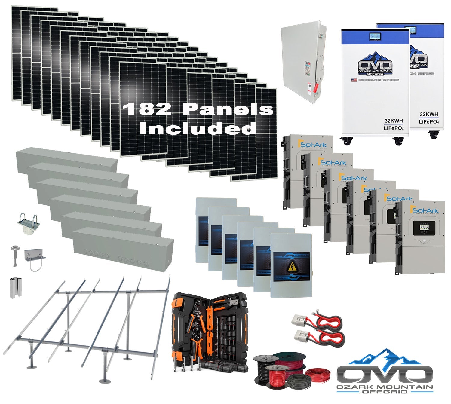 100KW Complete Offgrid Solar Kit + 6x 15K Sol-Ark Inverter + 2x 32kWh OMO 48V Freedom Series Lithium Battery +100.2KW Solar with Ground Mount and Wiring