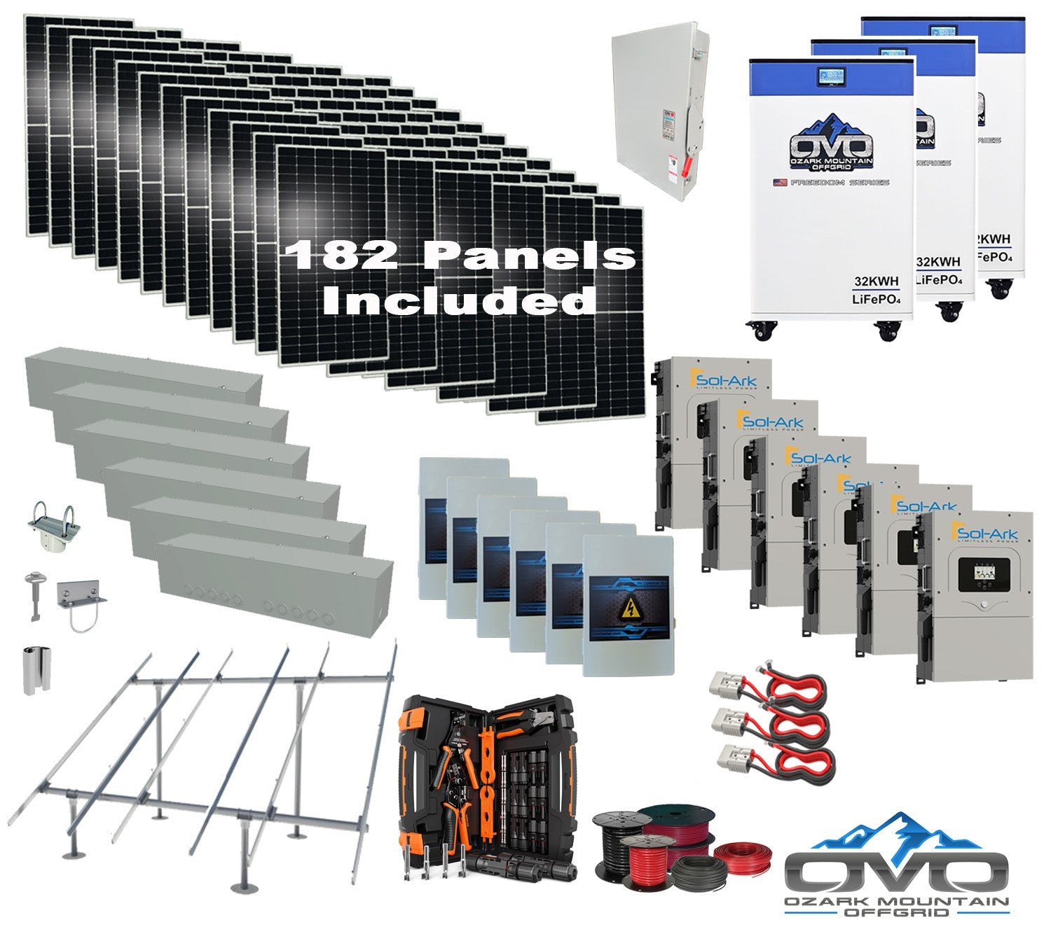100KW Complete Offgrid Solar Kit + 6x 15K Sol-Ark Inverter + 3x 32kWh OMO 48V Freedom Series Lithium Battery +100.2KW Solar with Ground Mount and Wiring